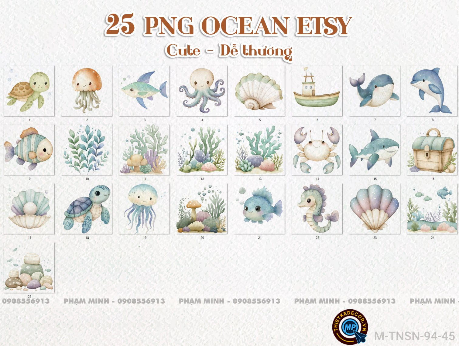 25 PNG OCEAN hải sản tiên cá ETSY tách nền 300ppi nét căng cute đáng yêu