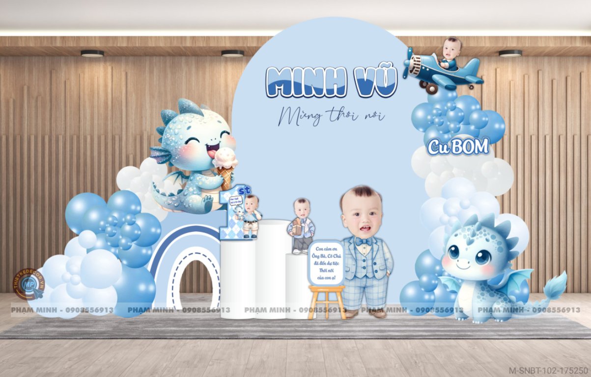 File thiết kế sinh nhật bé trai 1 tuổi con rồng tone xanh navy cute dễ thương.