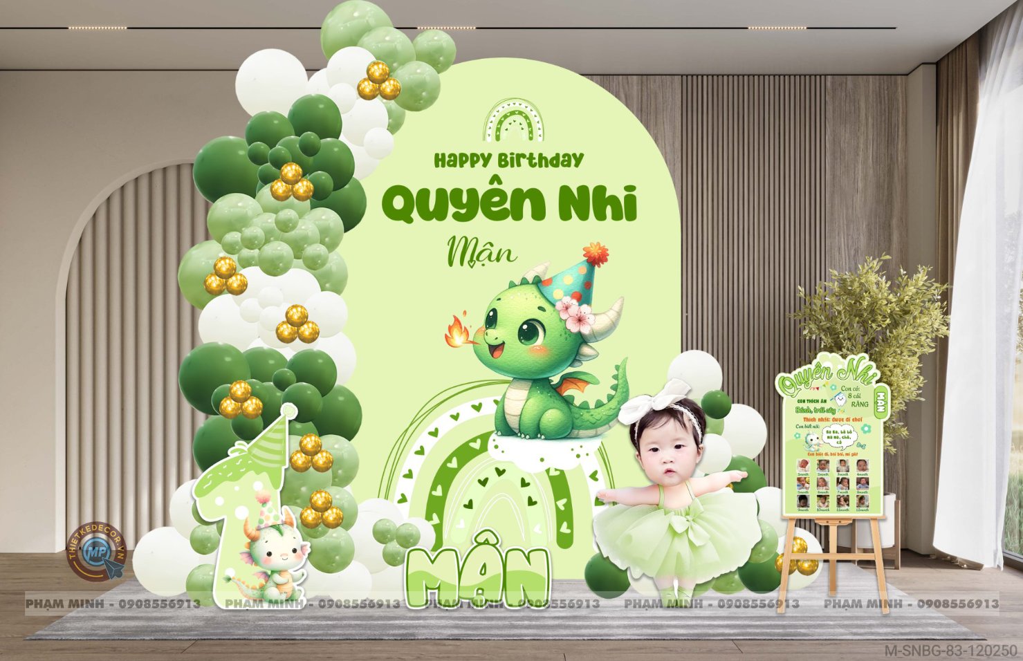 File thiết kế sinh nhật bé gái 1 tuổi tone xanh lá cute dễ thương.