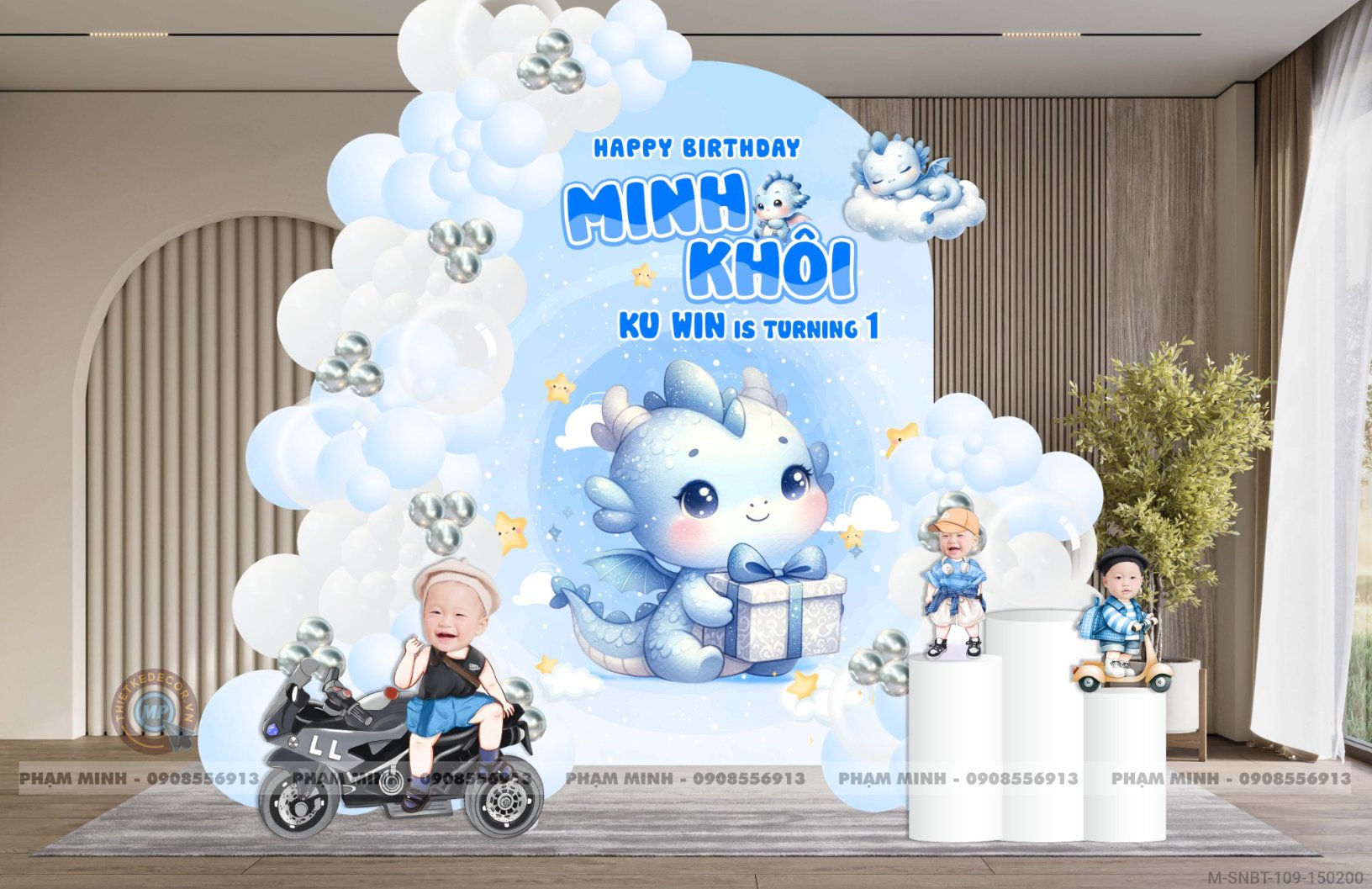 File thiết kế sinh nhật bé trai 1 tuổi con rồng khung U tone xanh blue cute dễ thương.