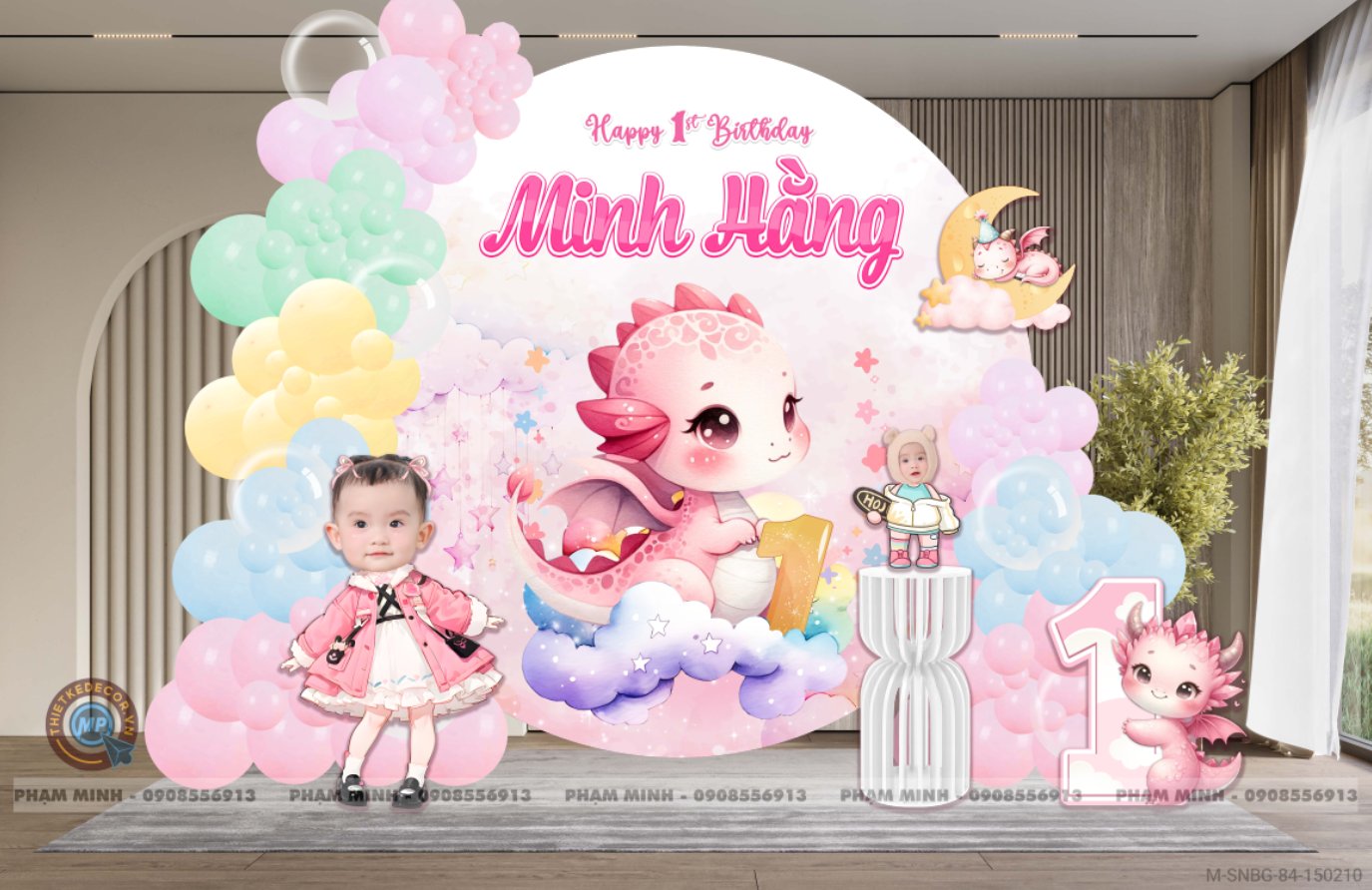 File thiết kế sinh nhật bé gái 1 tuổi tone màu pastel cute dễ thương.