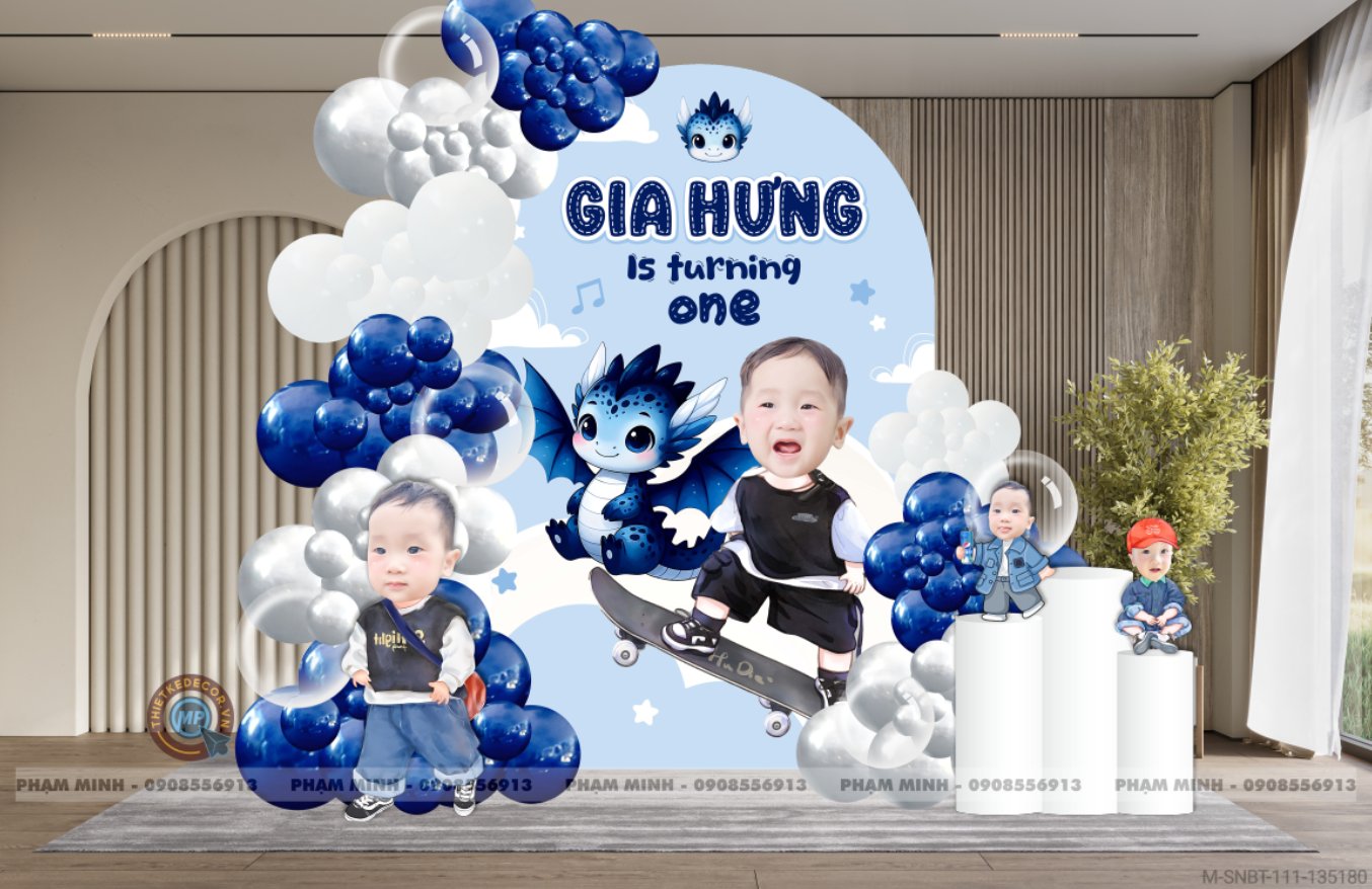 File thiết kế sinh nhật bé trai 1 tuổi con rồng khung U tone xanh blue cute dễ thương.