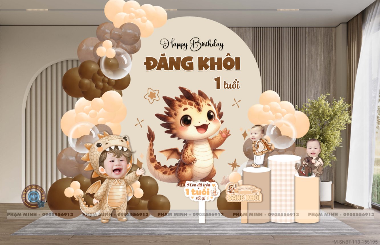 File thiết kế sinh nhật bé trai 1 tuổi con rồng khung U và chibi tone nâu tây cute dễ thương.