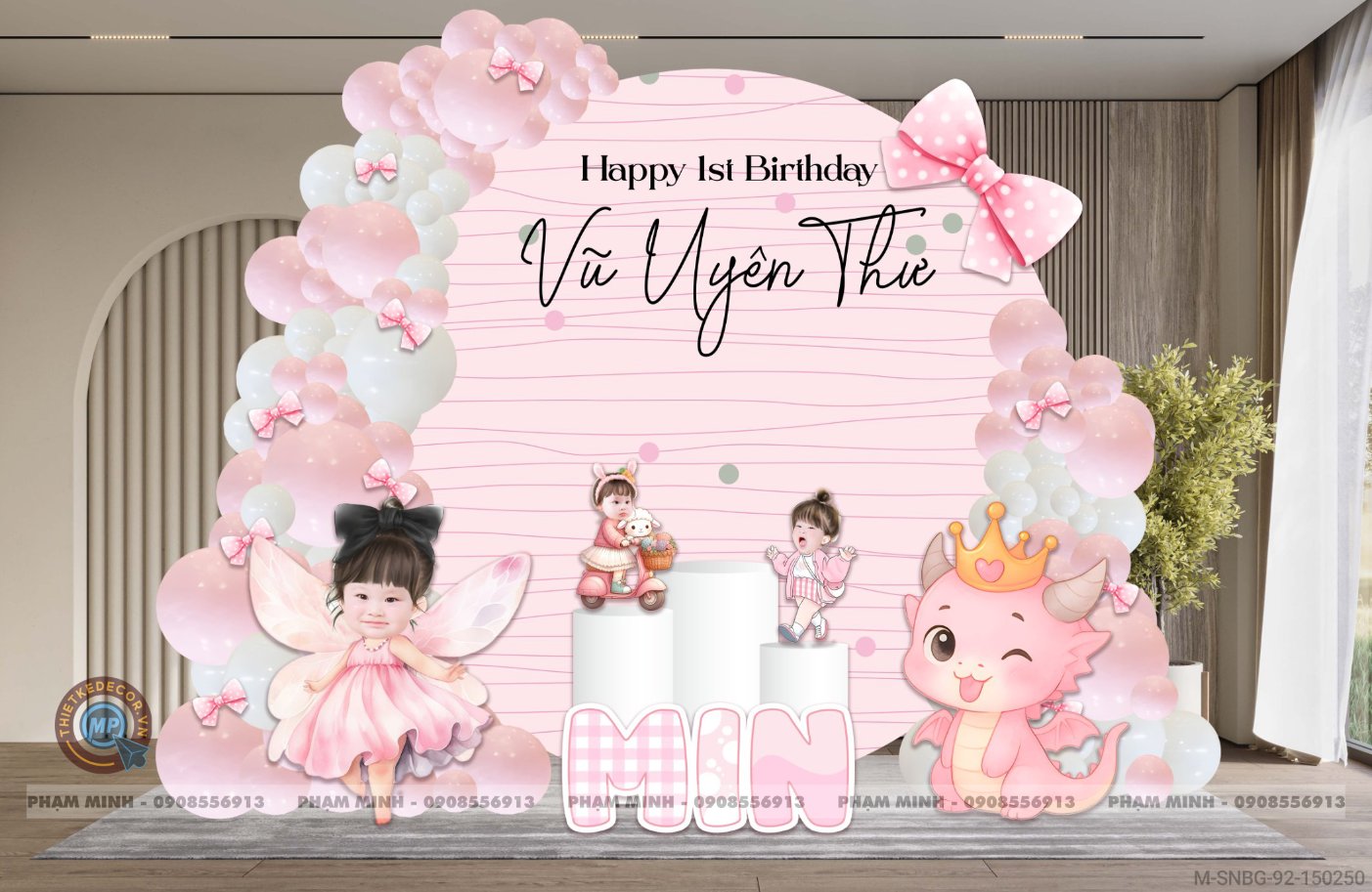 File thiết kế sinh nhật bé gái 1 tuổi chủ đề rồng và nơ tone hồng cute đáng yêu