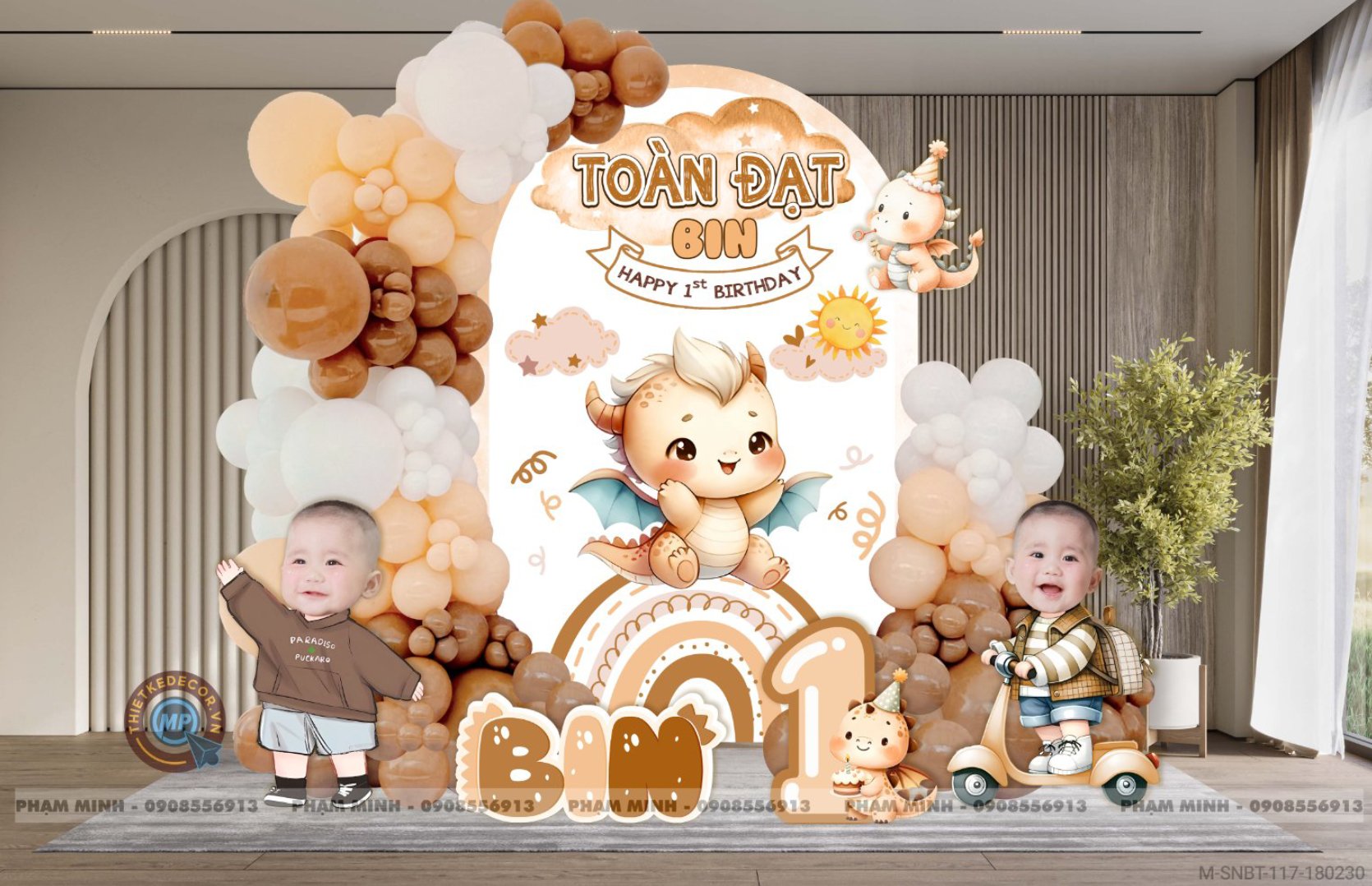 File thiết kế sinh nhật bé trai 1 tuổi con rồng khung U và chibi tone nâu tây cute dễ thương.