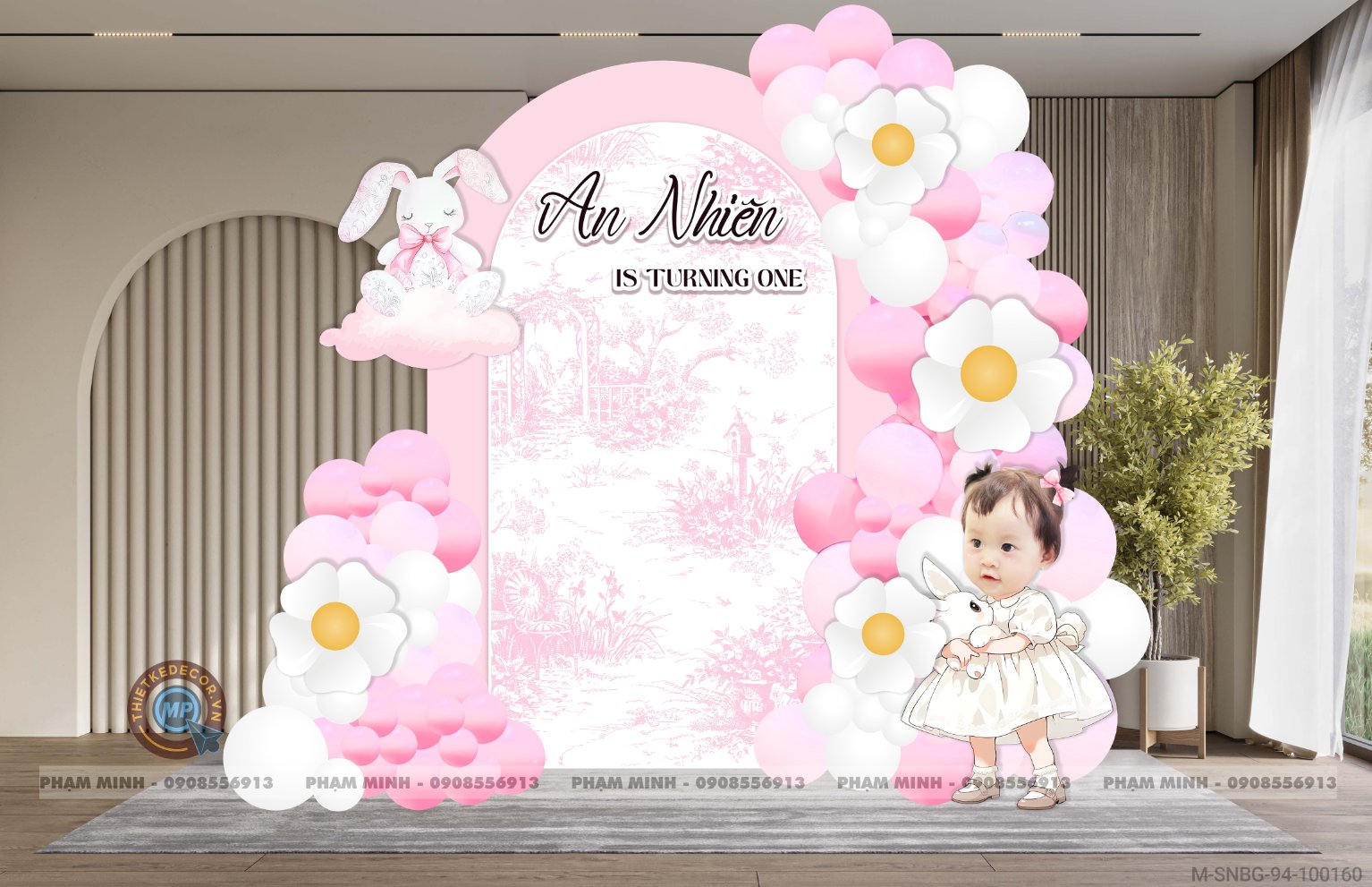File thiết kế sinh nhật bé gái 1 tuổi chủ đề con thỏ tone hồng pastel cute dễ thương.