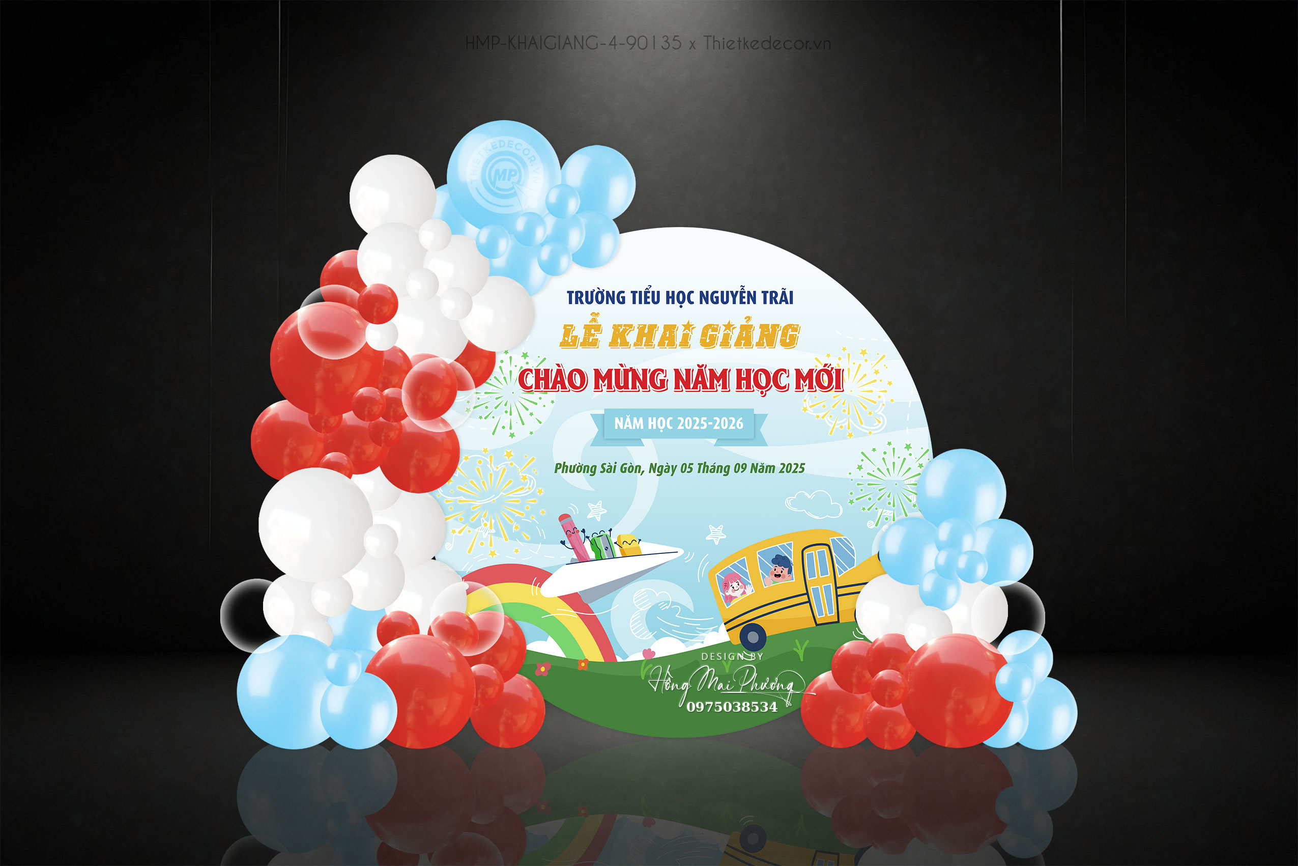 Backdrop khai giảng chào mừng năm học mới đa sắc màu. Xe bus và cầu vồng.