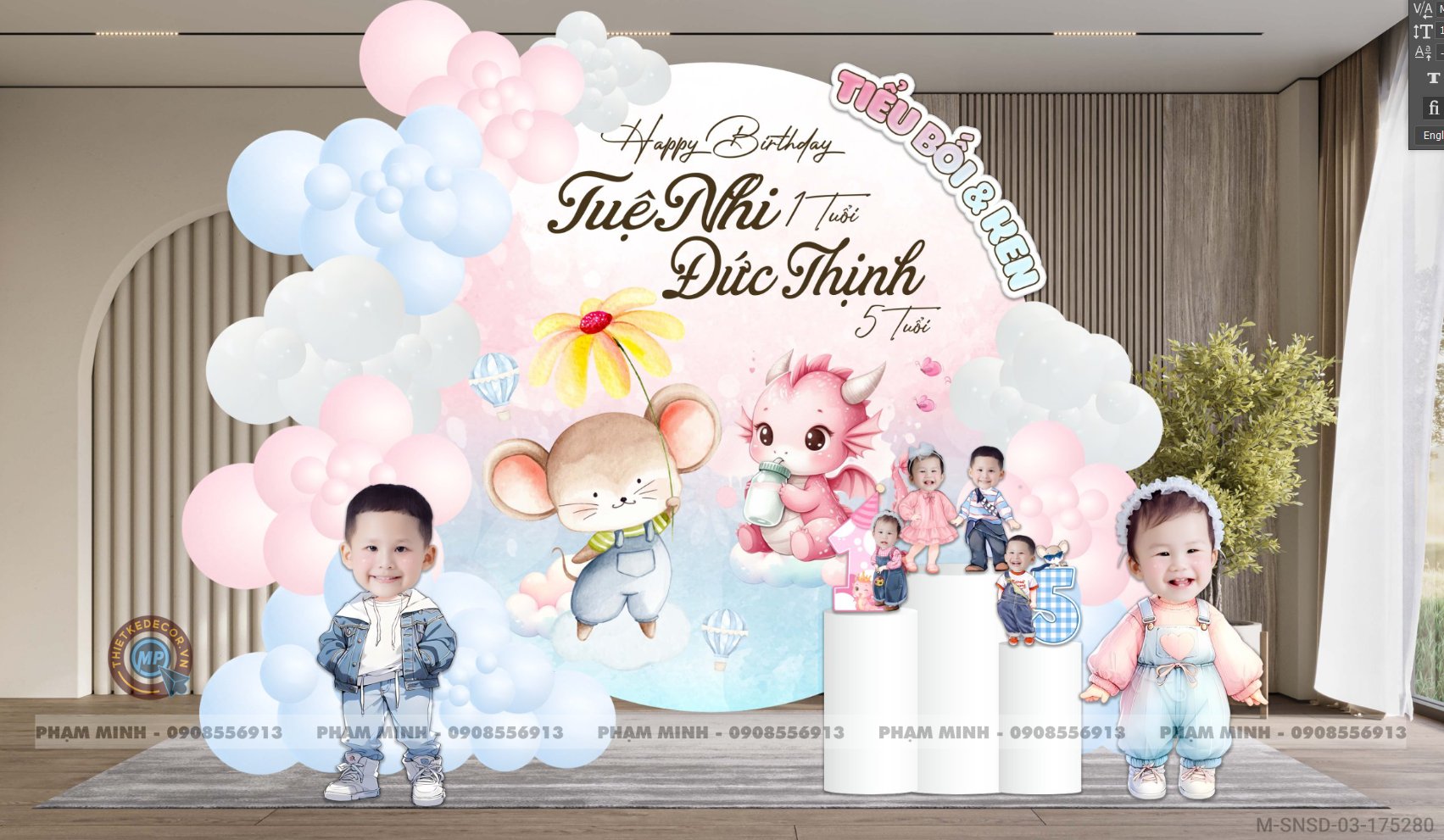 File thiết kế sinh nhật Bé tuổi rồng và tuổi chuột tone xanh hồng back tròn cute đáng yêu