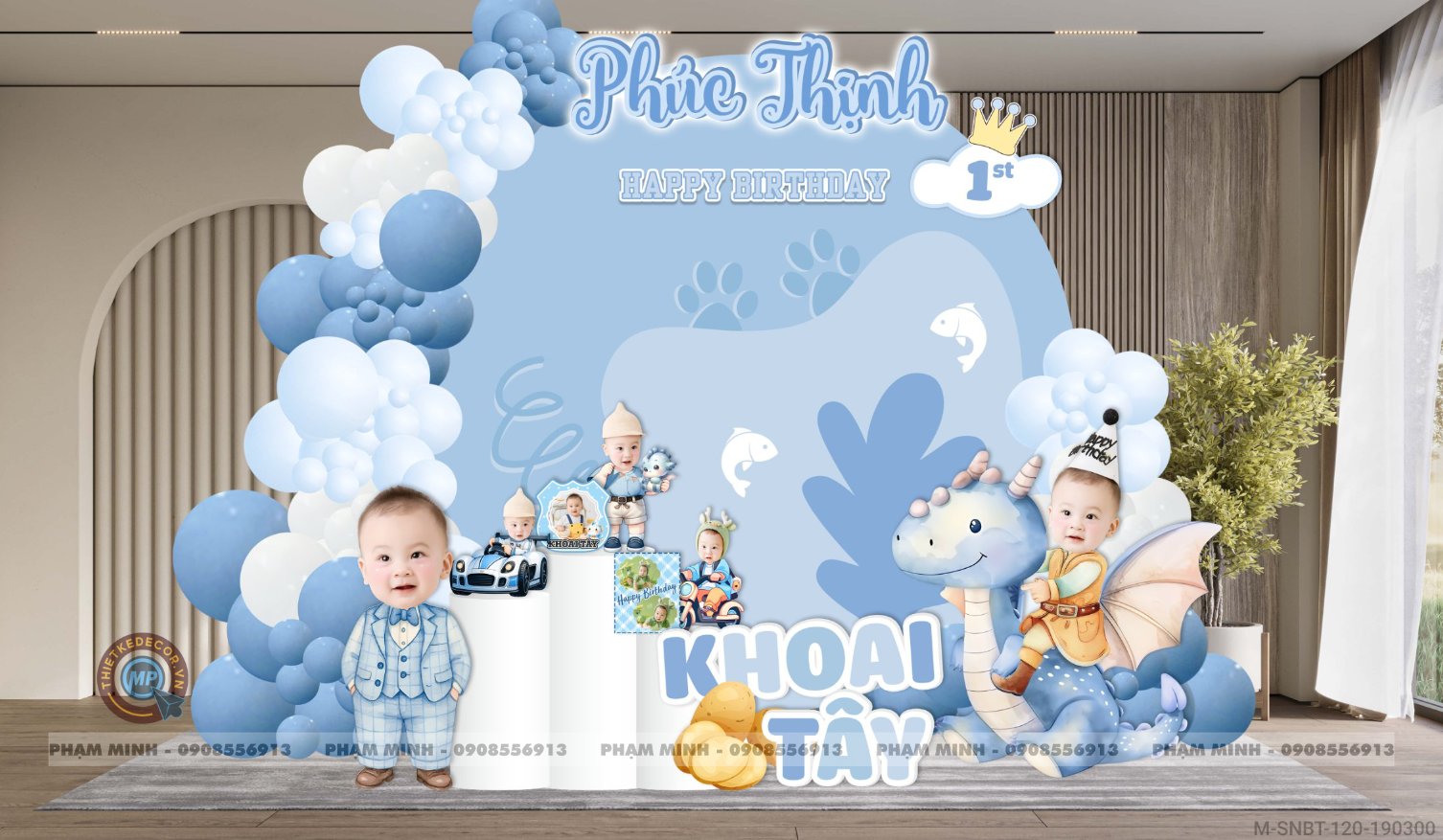 File thiết kế sinh nhật bé trai 1 tuổi Hoàng tử tone xanh cổ vịt cute dễ thương.