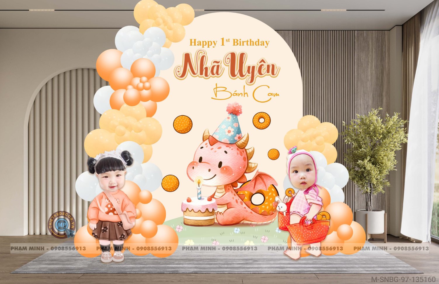 File thiết kế sinh nhật bé trai 1 tuổi con rồng khung U và chibi tone nâu cam cute dễ thương.