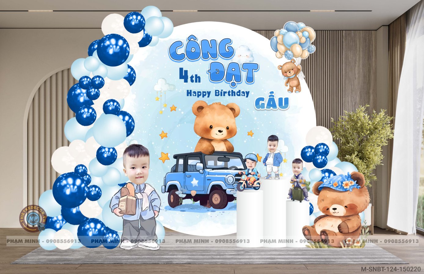 File thiết kế background sinh nhật bé trai chủ đề Gấu tone xanh da trời