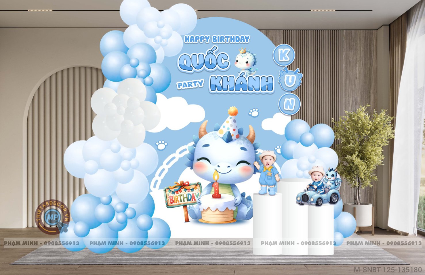 File thiết kế sinh nhật bé trai 1 tuổi con rồng khung U tone xanh blue cute dễ thương.