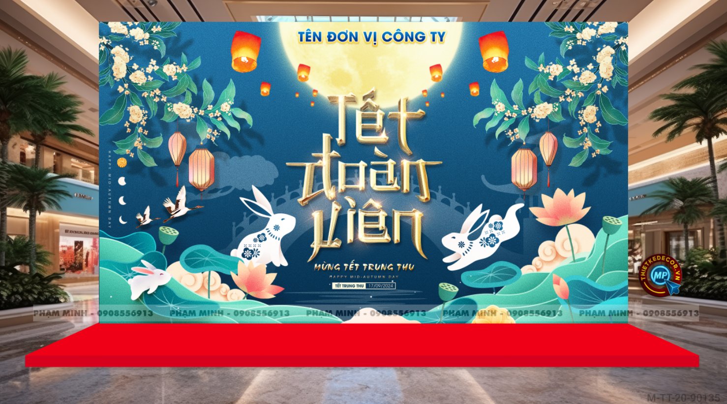 File thiết kế Background trang trí trung thu, bạt sự kiện trung thu tone xanh lục sang trọng, đáng yêu