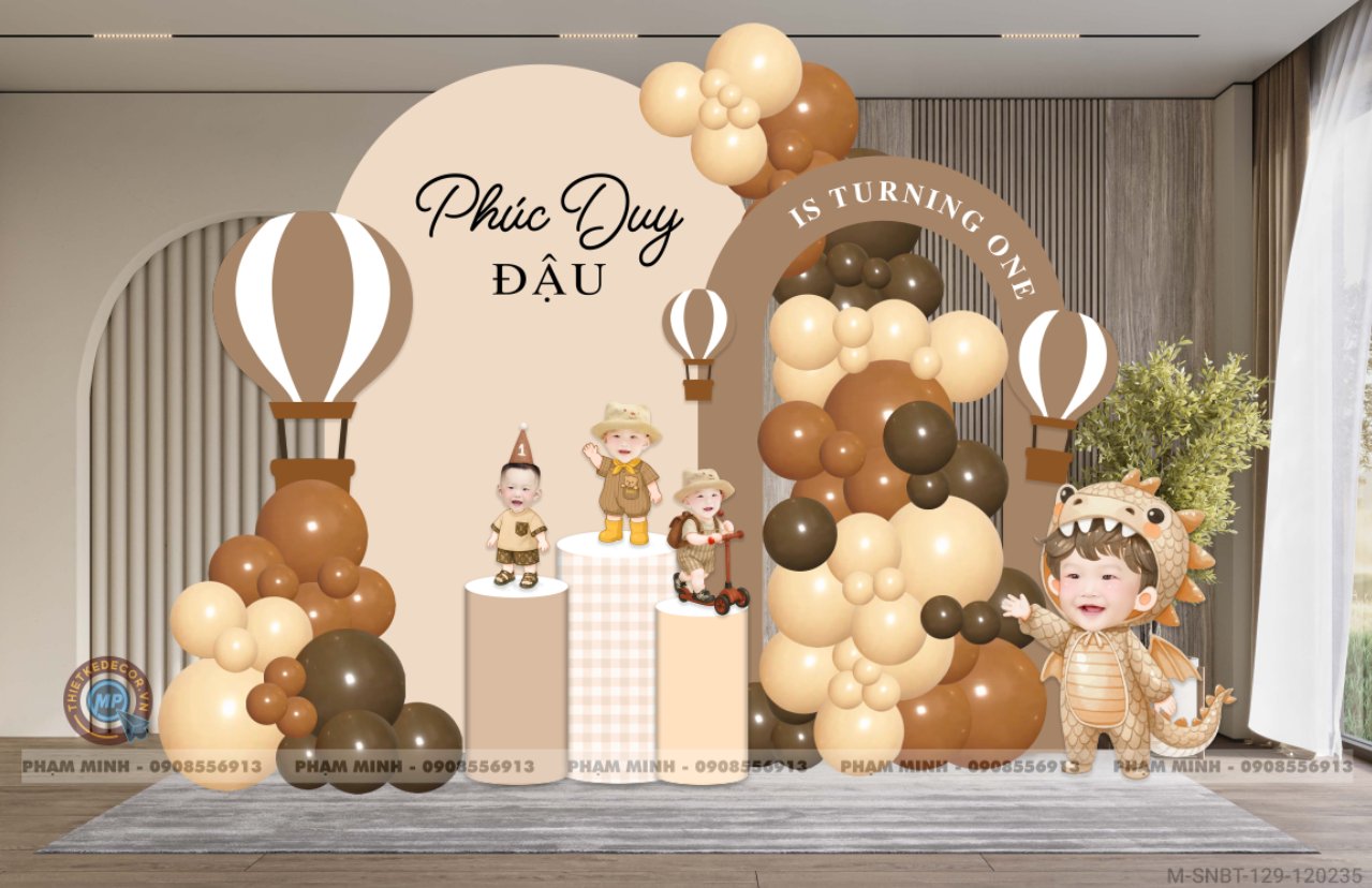 File thiết kế sinh nhật bé trai 1 tuổi con rồng khung U và chibi tone nâu tây cute dễ thương.