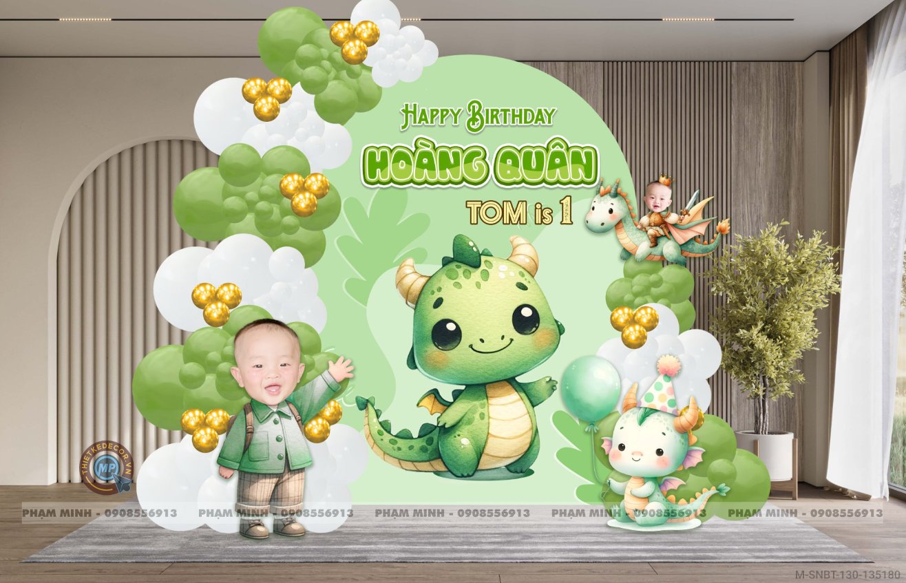 File thiết kế sinh nhật bé trai 1 tuổi con rồng tone xanh lá cute dễ thương.