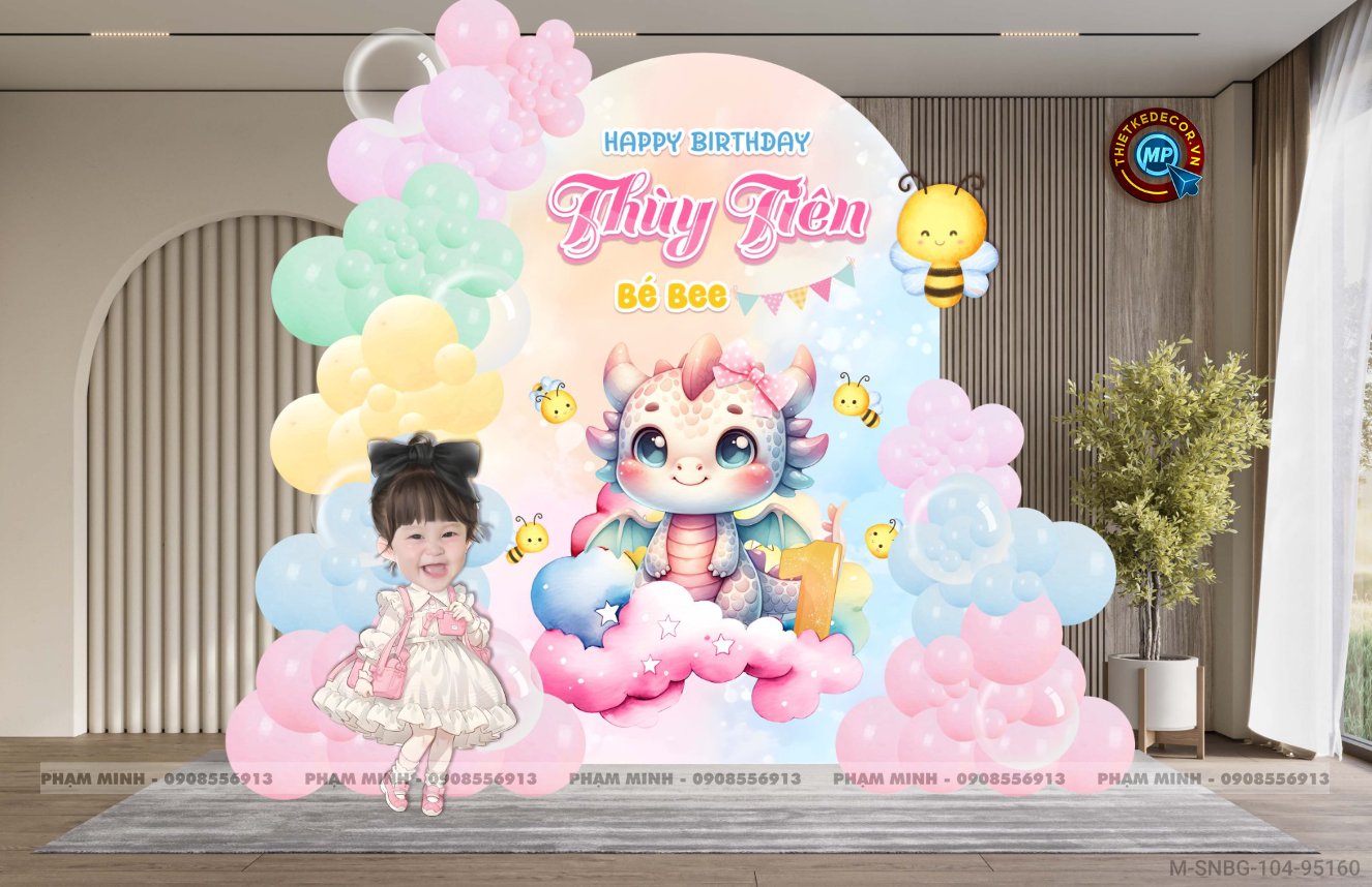 File thiết kế sinh nhật bé gái chủ đề Rồng và Ong Tone Pastel cute dễ thương.