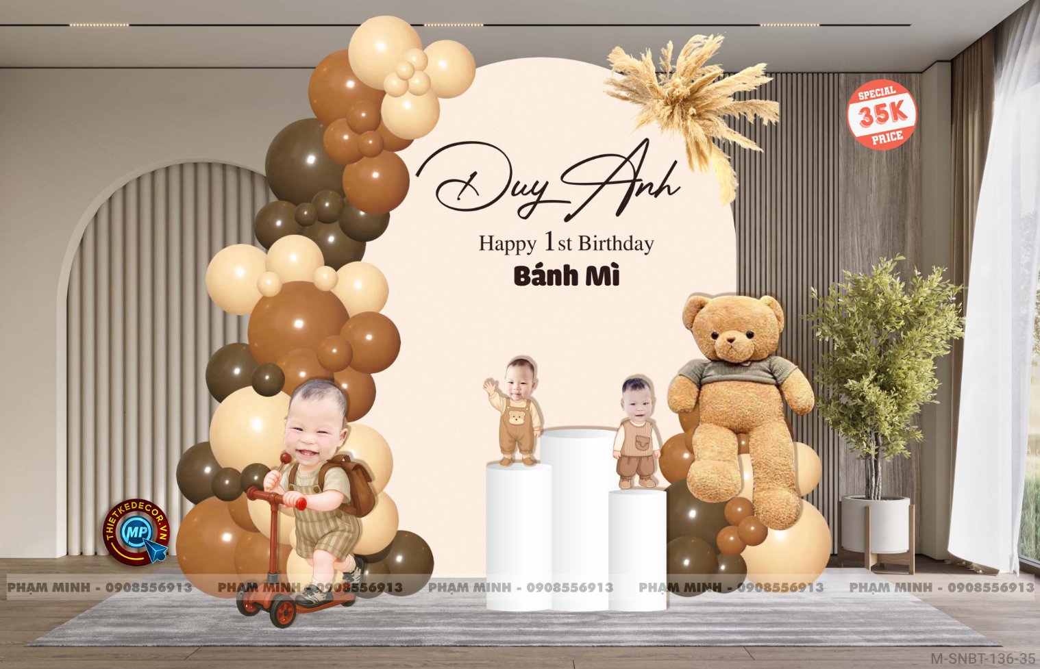 File thiết kế sinh nhật bé trai khung U và chibi tone nâu tây cute dễ thương.