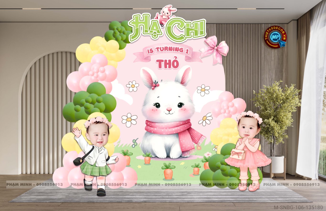 File thiết kế sinh nhật bé gái 1 tuổi chủ đề con thỏ tone hồng pastel cute dễ thương.