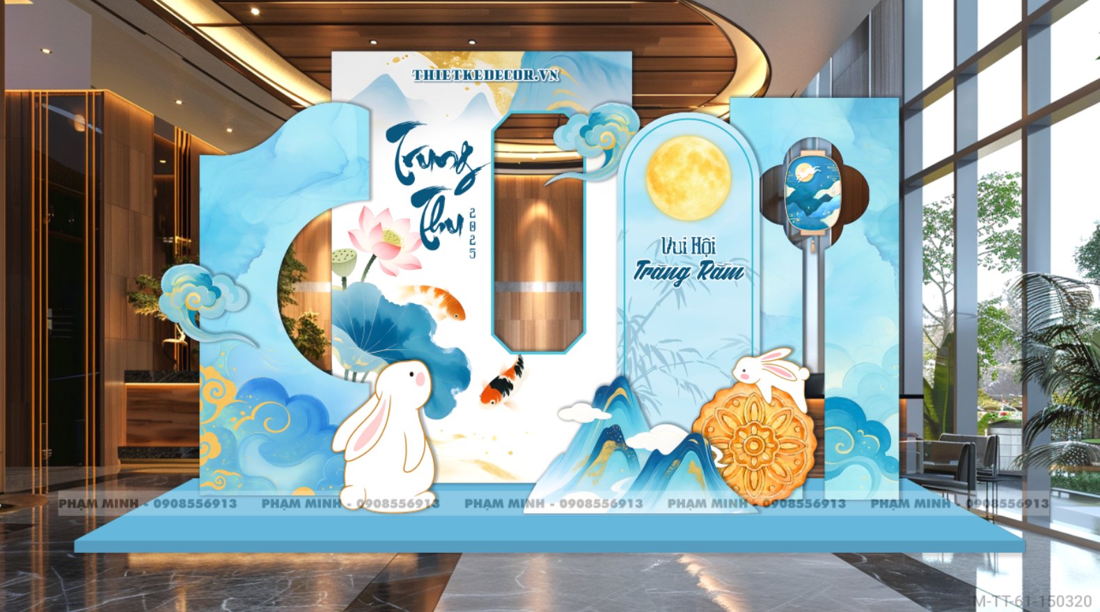 File thiết kế Trung Thu tone xanh trang trí đại sảnh Mall, Chung cư, Nhà Hàng, Ngân hàng, Khách Sạn Sang trọng trọng, đáng yêu