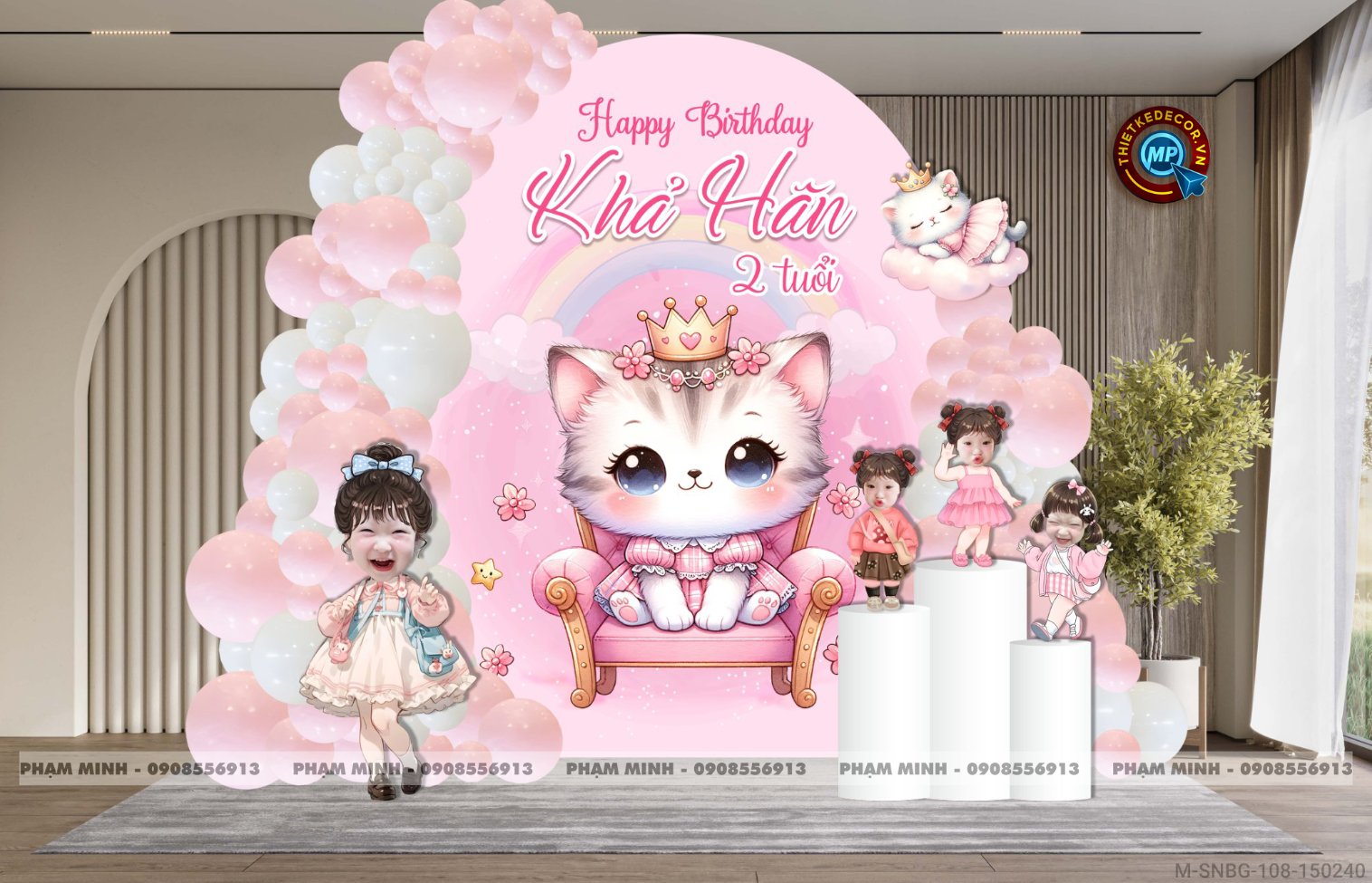 Tiệc sinh nhật bé gái tone hồng tuổi mèo