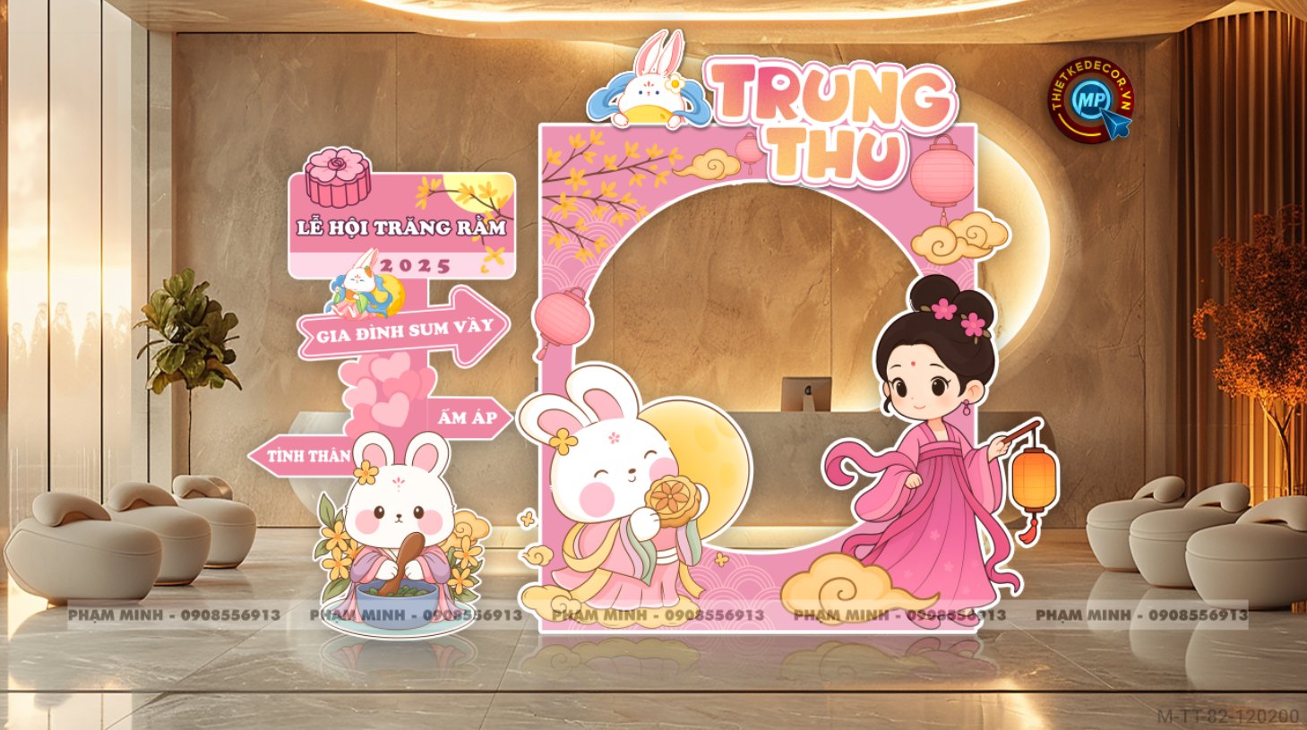 Khung chụp ảnh Checkin trang trí trung thu tone hồng 2025 sang trọng, dễ thương, đáng yêu