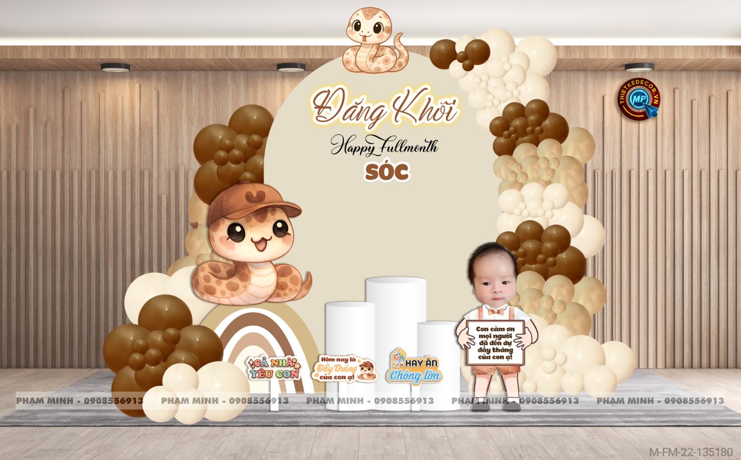 File thiết kế Background đầy tháng fullmonth bé tuổi tỵ thìn tone nâu cute dễ thương đáng yêu