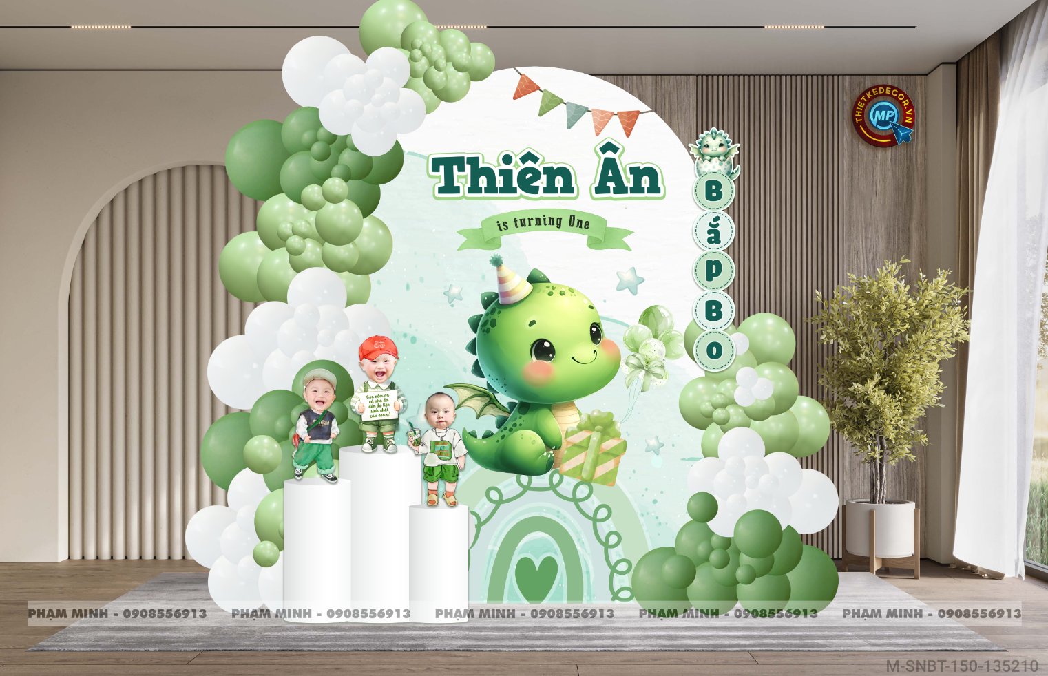 File thiết kế sinh nhật bé trai 1 tuổi con rồng tone xanh lá cute dễ thương.
