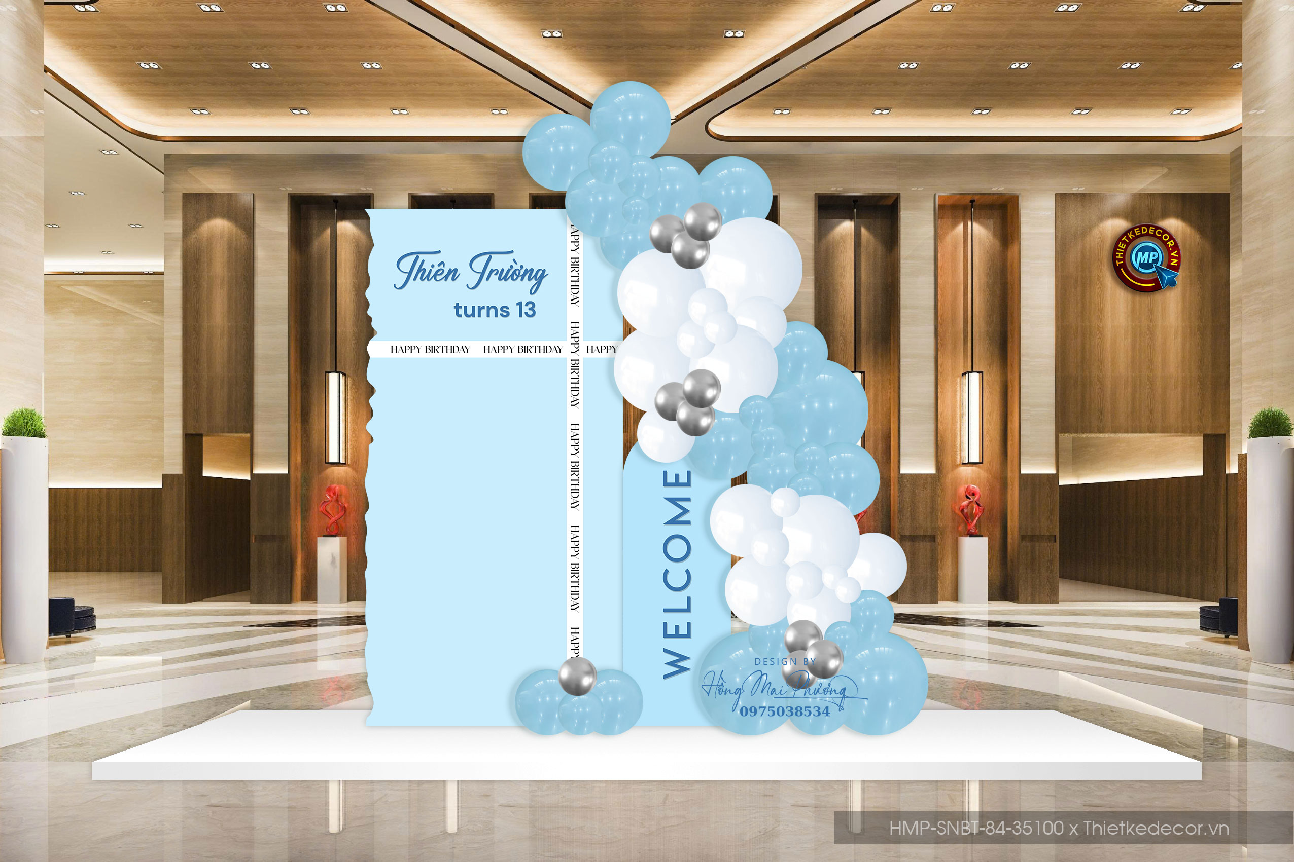 Backdrop sinh nhật bé trai đã có tuổi tone xanh ( ứng dụng được cho tiệc khai trương không gian nhỏ )