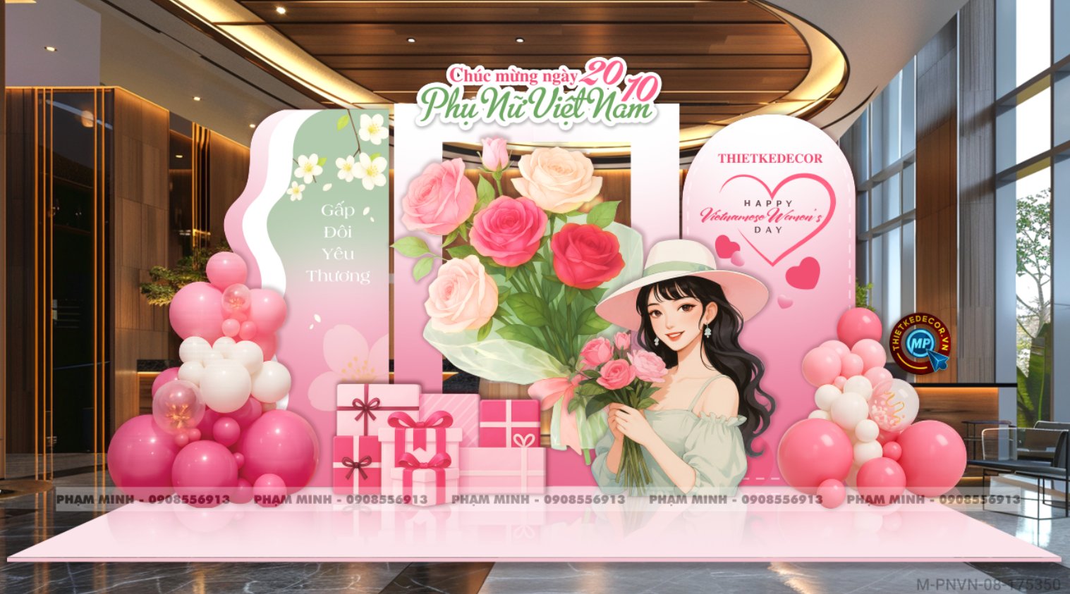 File thiết kế trang trí decor chụp ảnh ngày Phụ nữ Việt Nam 20 tháng 10 Sang trọng Happy women's day tone hồng