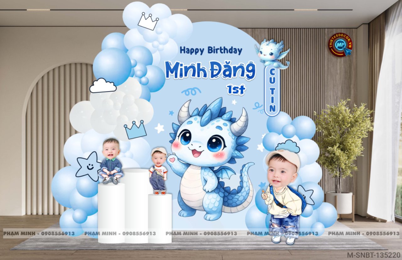 File thiết kế sinh nhật bé trai 1 tuổi con rồng khung U tone xanh blue cute dễ thương.