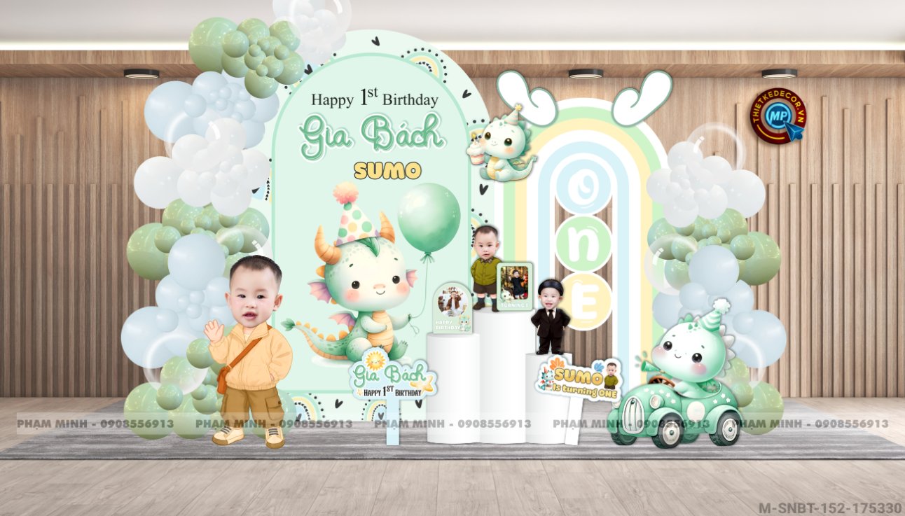 File thiết kế sinh nhật bé trai 1 tuổi con rồng tone xanh lá cute dễ thương.