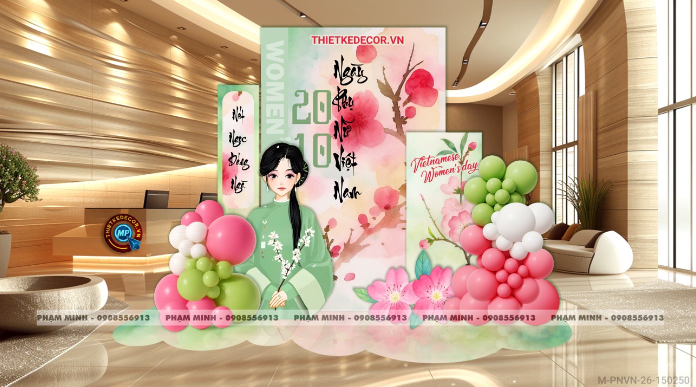 File thiết kế trang trí decor chụp ảnh ngày Phụ nữ Việt Nam 20 tháng 10 Sang trọng Happy women's day tone hồng MIX xanh lá