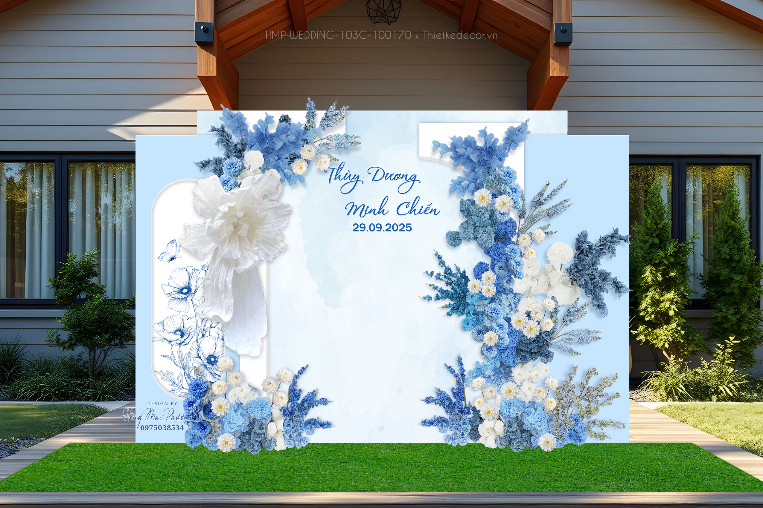 Backdrop check in tone xanh dương in họa tiết hoa bướm phối nền loang