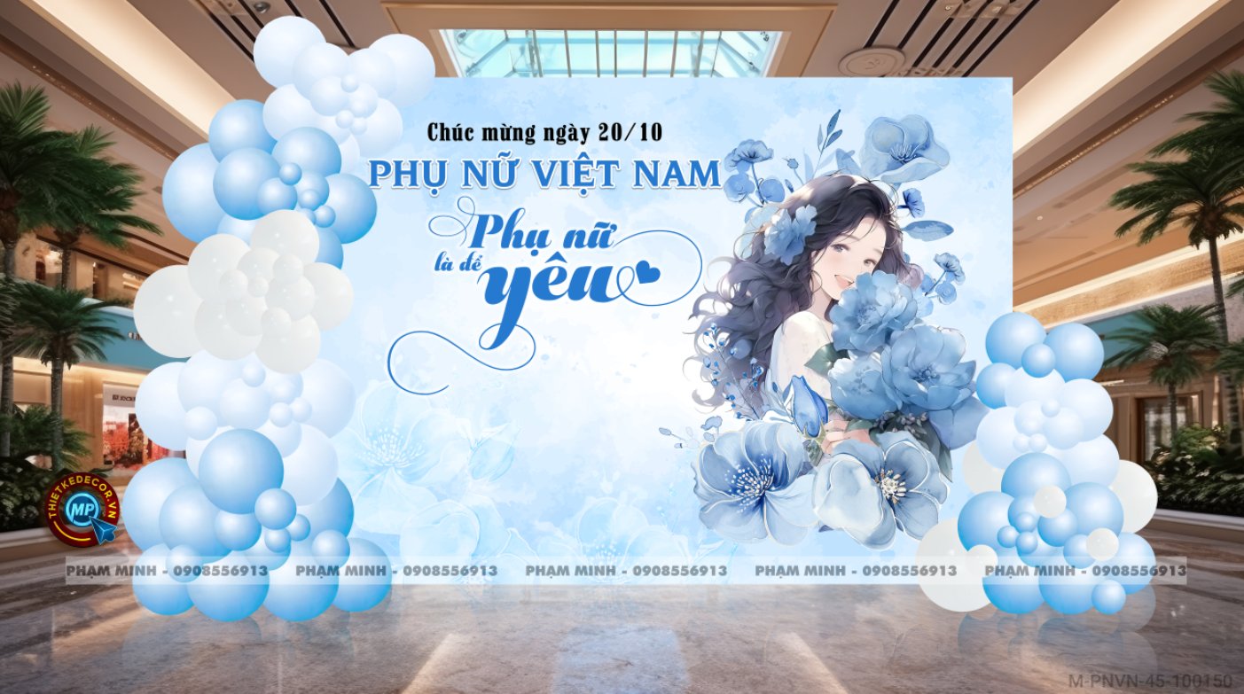 File thiết kế background Chào mừng ngày Phụ nữ Việt Nam 20 tháng 10, bạt trang trí bong bóng tone xanh dương da trời xinh đẹp, sang trọng.