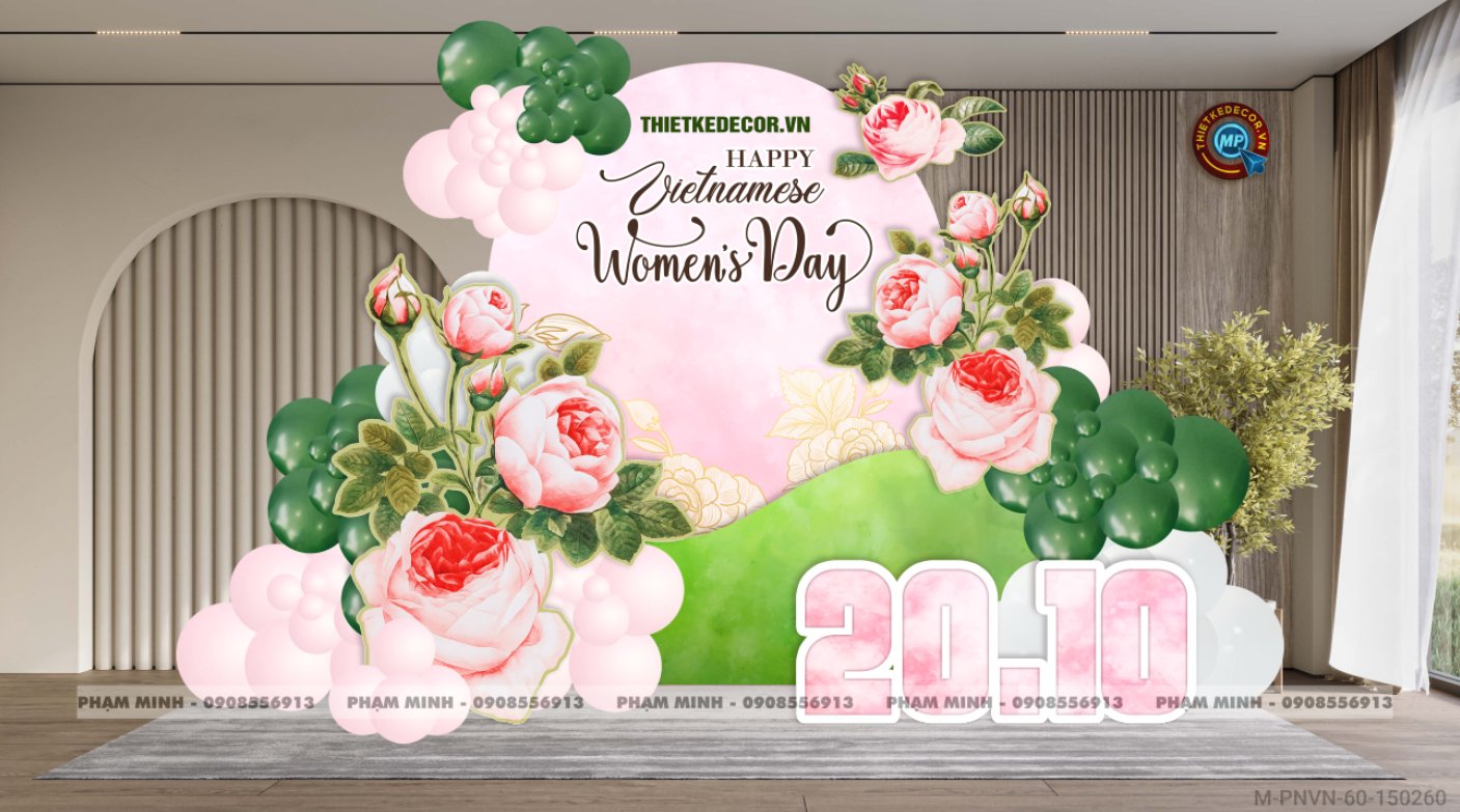 File thiết kế trang trí decor chụp ảnh ngày Phụ nữ Việt Nam 20 tháng 10 Sang trọng Happy women's day tone hồng MIX xanh lá