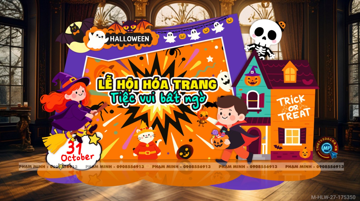 File thiết kế Halloween Trang trí chụp ảnh sự kiện Halloween cute, dễ thương cho Trung tâm tiếng Anh, Mail, Siêu Thị, Trường Học, Nhà hàng, quán cà phê