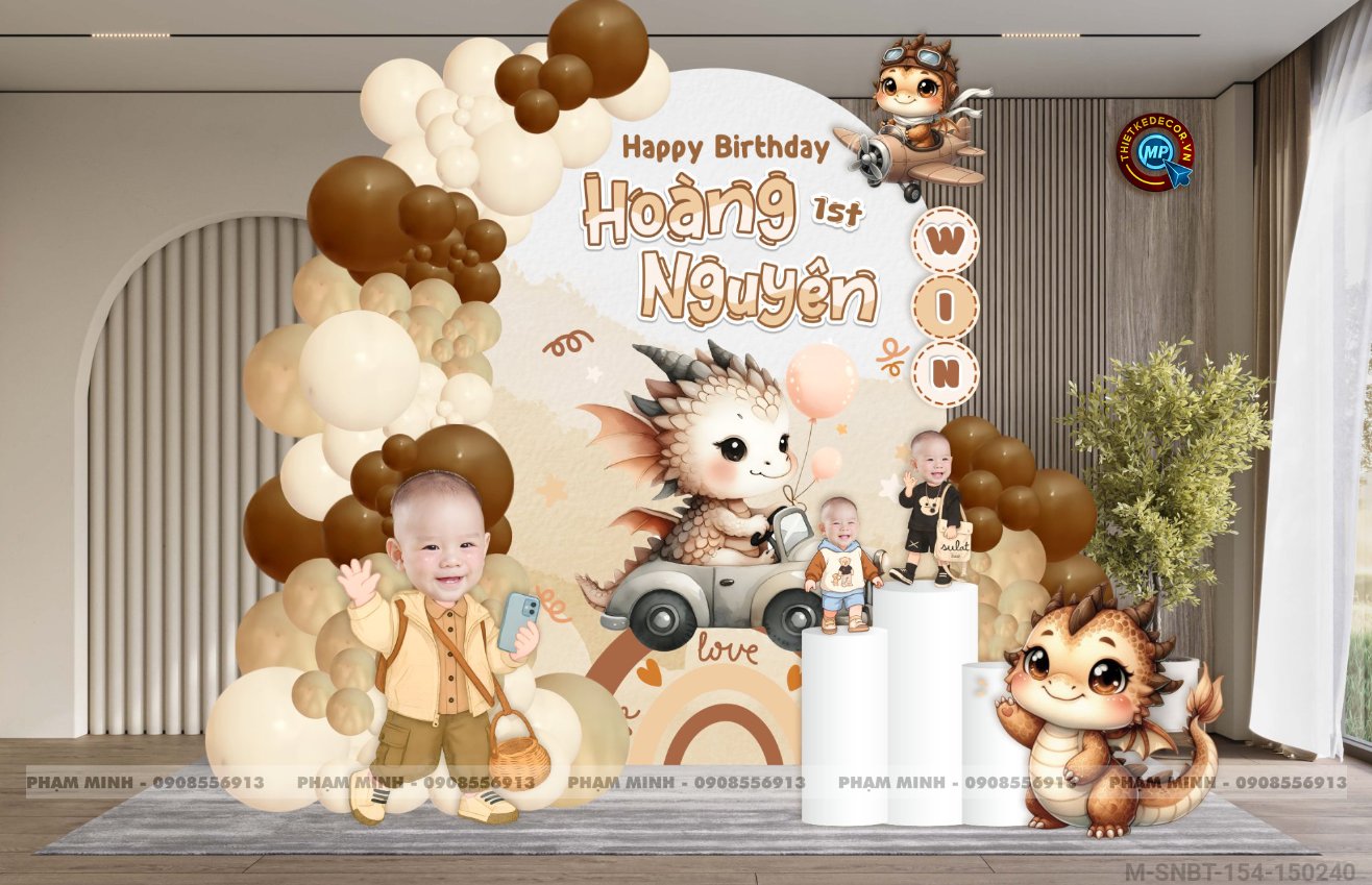 File thiết kế sinh nhật bé trai 1 tuổi con rồng khung U và chibi tone nâu tây cute dễ thương.