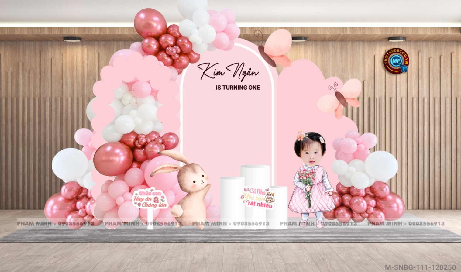 File thiết kế sinh nhật bé gái 1 tuổi chủ đề con thỏ tone hồng pastel cute dễ thương.