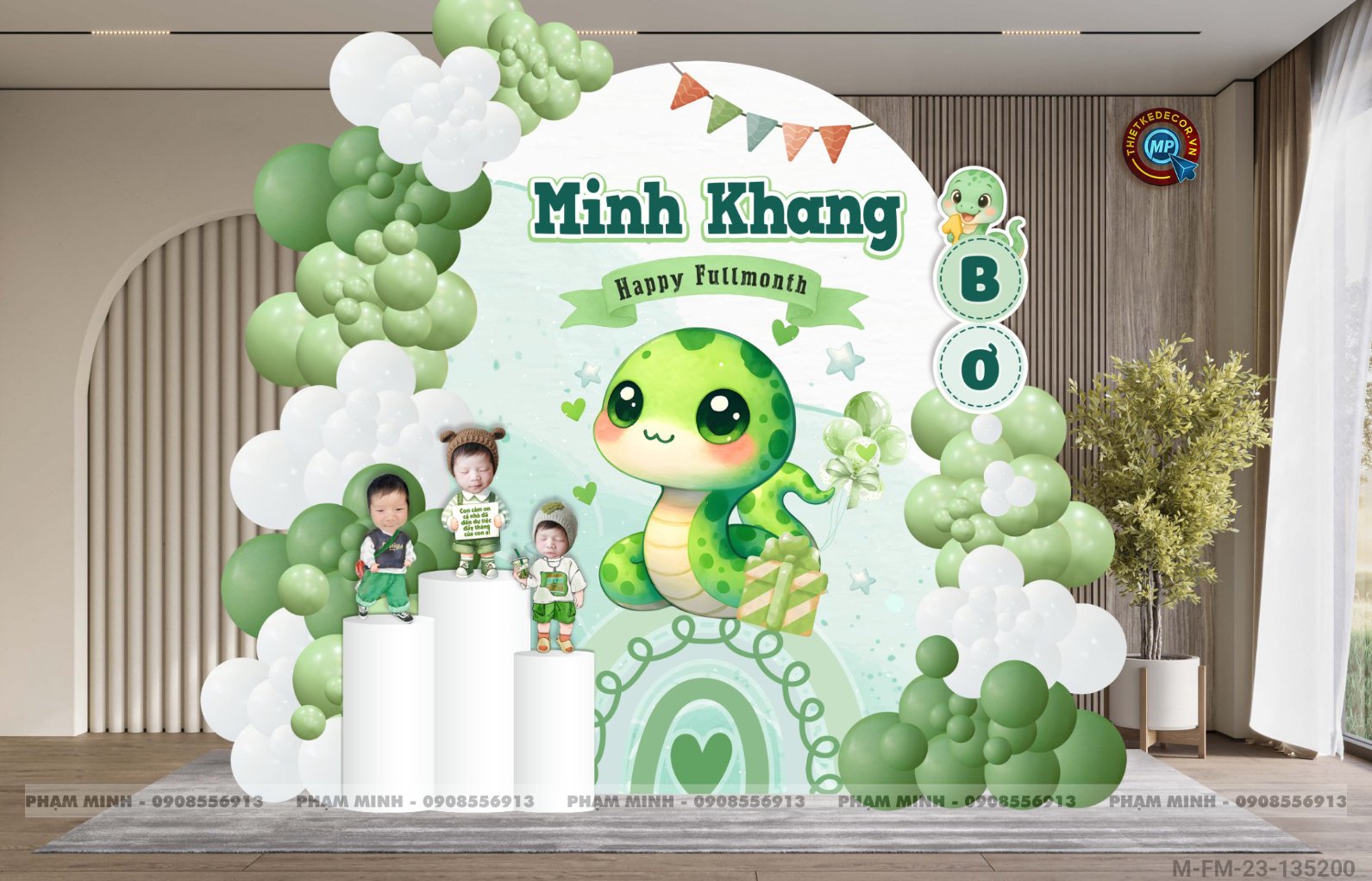 File thiết kế Background đầy tháng fullmonth bé tuổi tỵ thìn tone xanh LÁ cute dễ thương đáng yêu