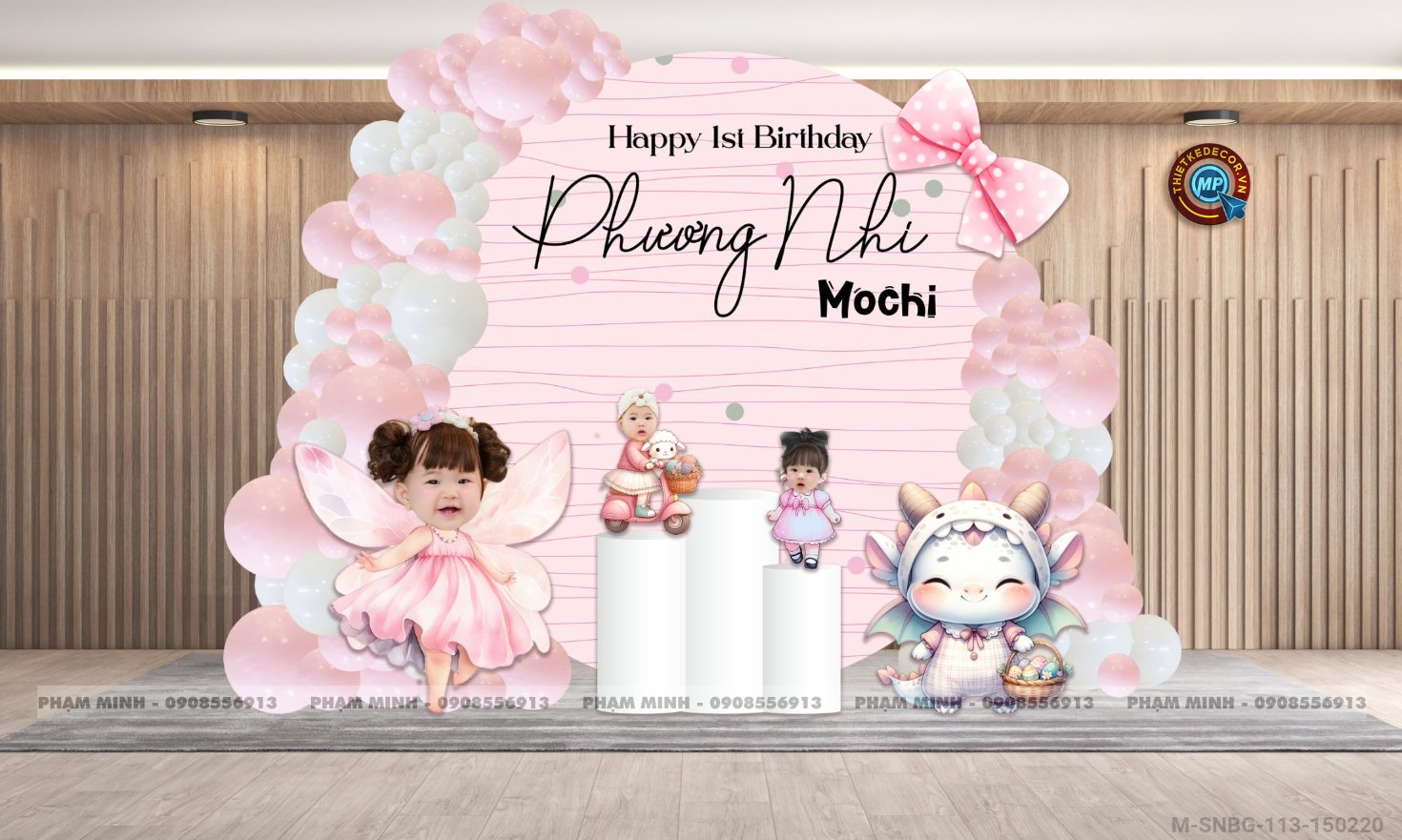 File thiết kế sinh nhật bé gái 1 tuổi chủ đề rồng và nơ tone hồng cute đáng yêu