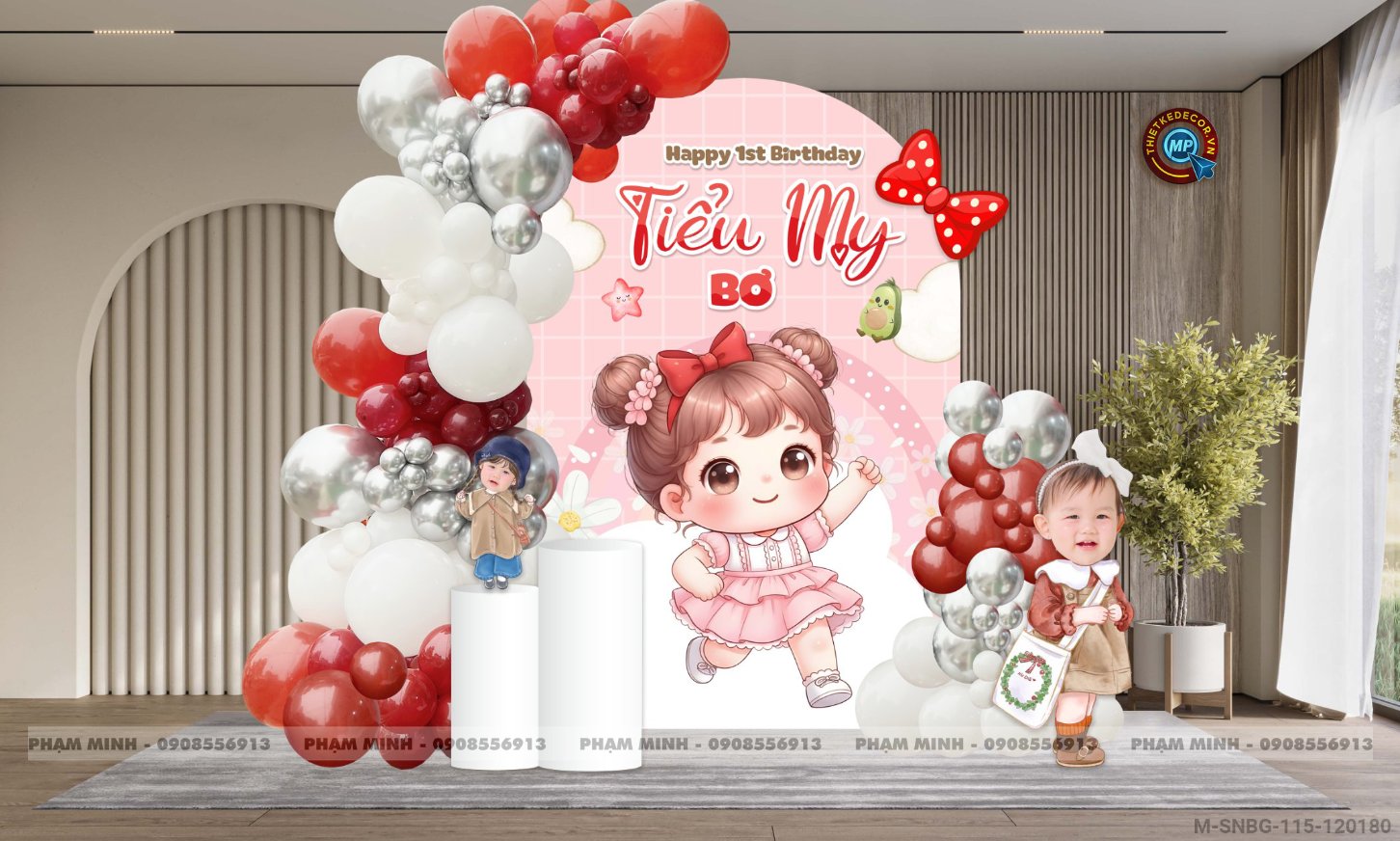 File thiết kế sinh nhật bé gái 1 tuổi tone đỏ cute dễ thương.