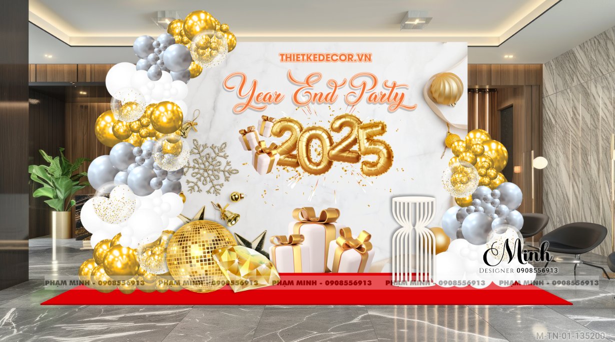 File thiết kế tiệc Tất niên 2025, Year End Party 2025 tone vàng trang trí bong bóng căng bạt sang trọng cho công ty.