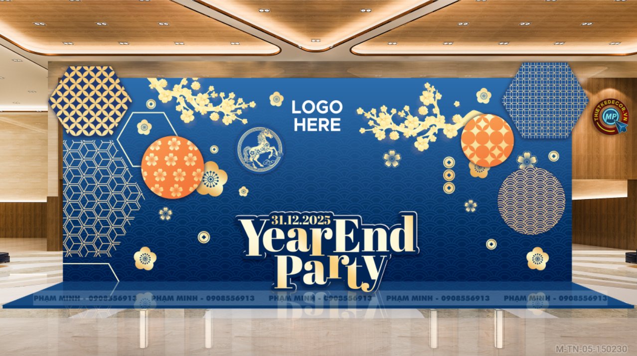 File thiết kế tiệc Tất niên 2025, Year End Party 2025 tone xanh trang trí bong bóng căng bạt sang trọng cho công ty.