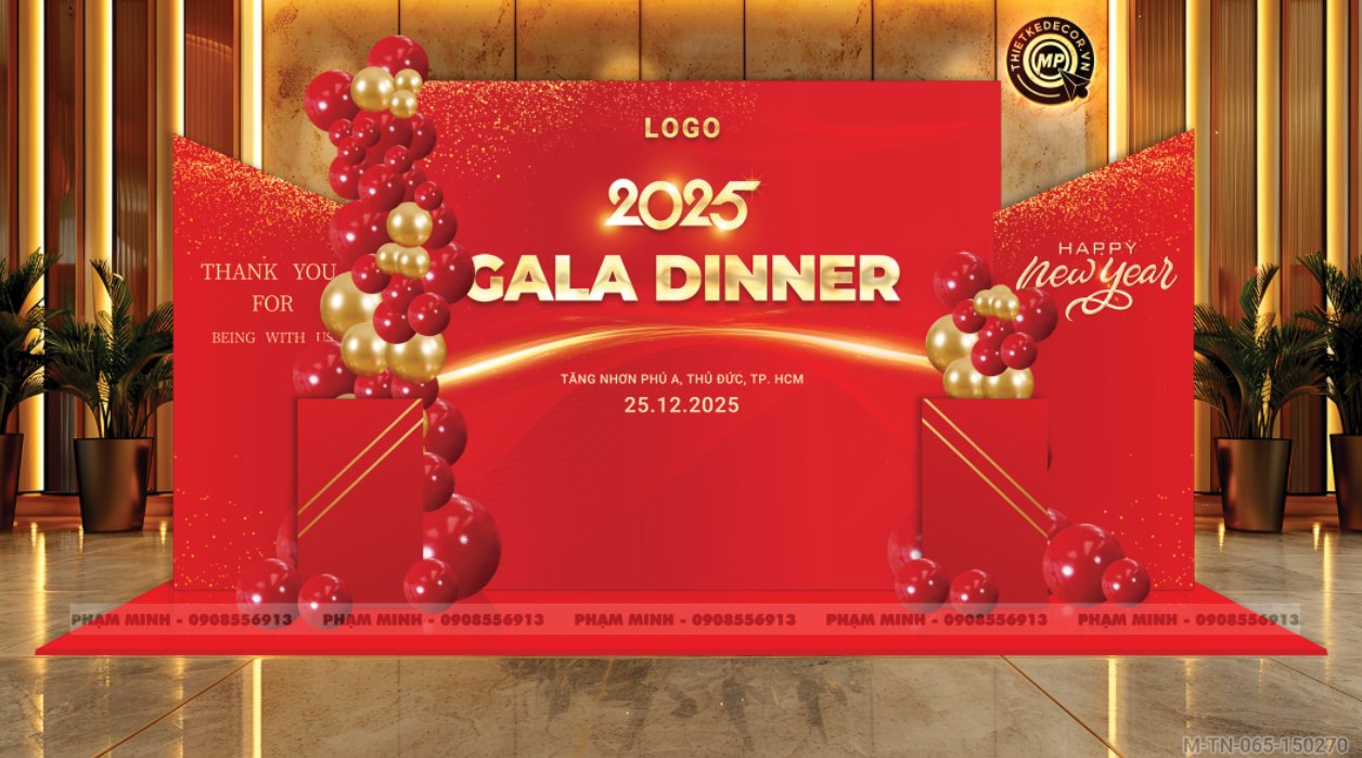 File thiết kế tiệc Tất niên 2025, Year End Party 2025 tone đỏ vàng trang trí bong bóng căng bạt sang trọng cho công ty.