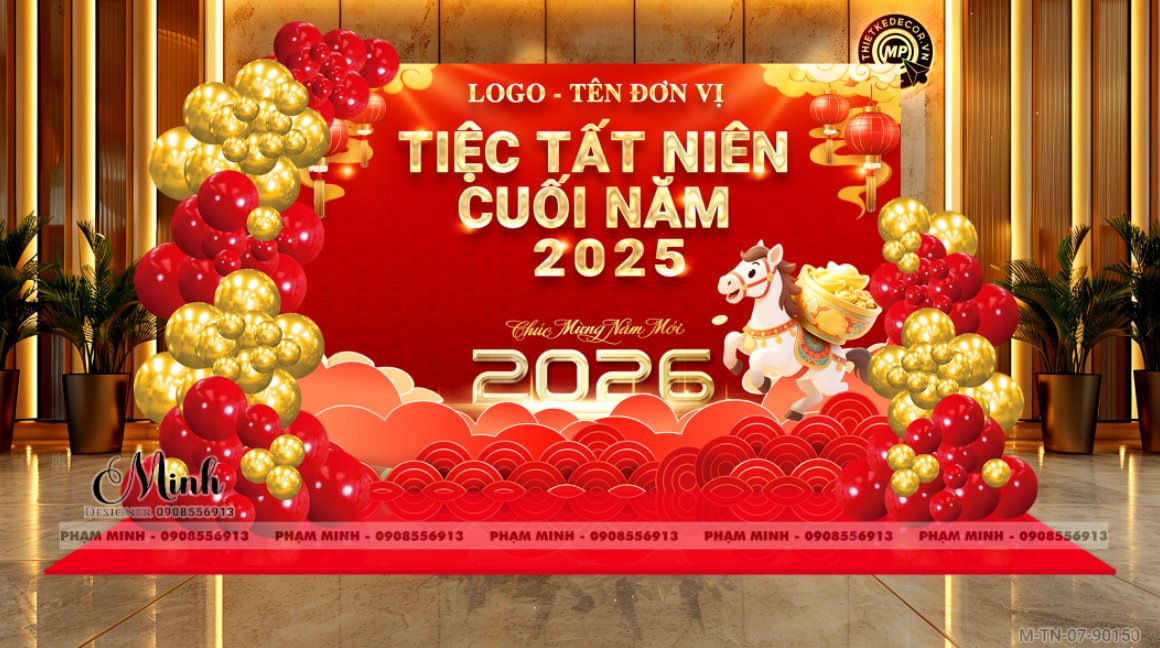 File thiết kế tiệc Tất niên 2025, Year End Party 2025 tone đỏ vàng trang trí bong bóng căng bạt sang trọng cho công ty.