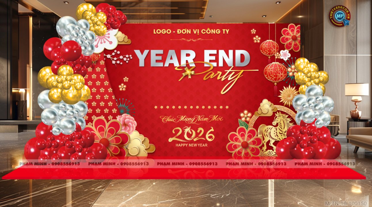 File thiết kế tiệc Tất niên 2025, Year End Party 2025 tone đỏ vàng trang trí bong bóng căng bạt sang trọng cho công ty.