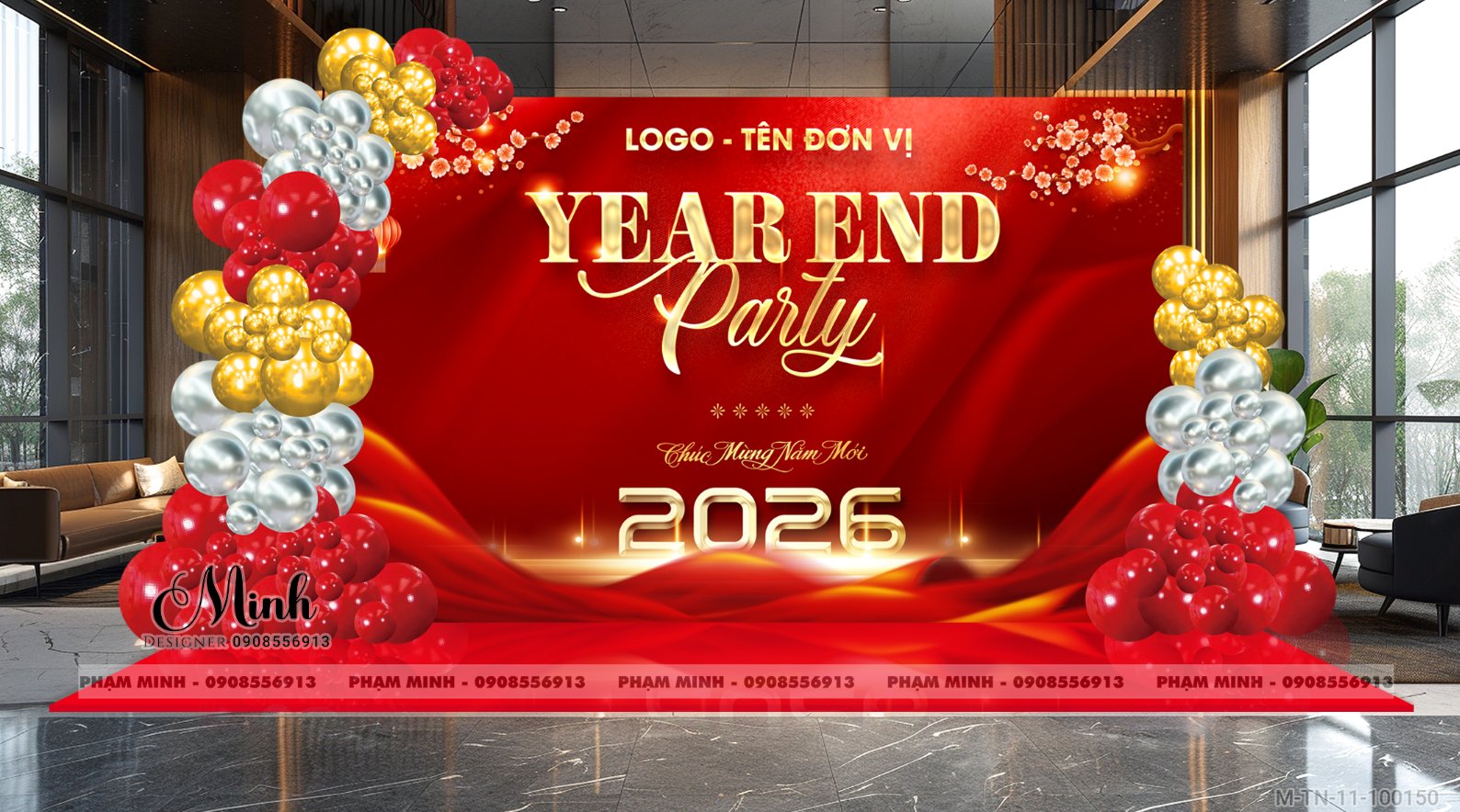 File thiết kế tiệc Tất niên 2025, Year End Party 2025 tone đỏ vàng trang trí bong bóng căng bạt sang trọng cho công ty.