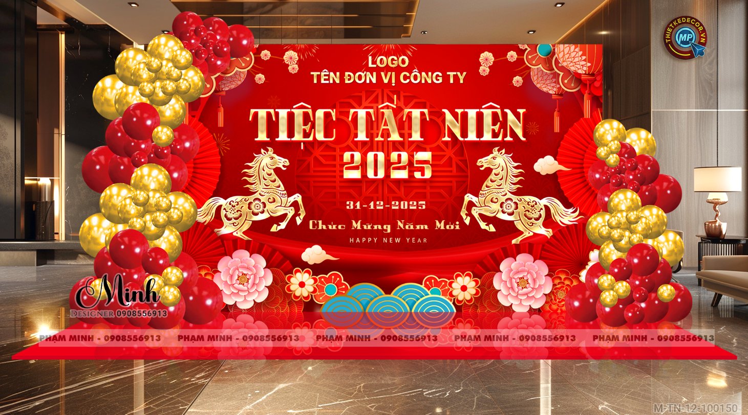 File thiết kế tiệc Tất niên 2025, Year End Party 2025 tone đỏ vàng trang trí bong bóng căng bạt sang trọng cho công ty.