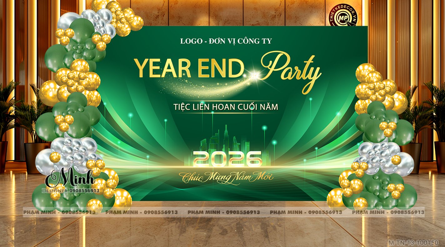 File thiết kế tiệc Tất niên 2025, Year End Party 2025 tone xanh lá trang trí bong bóng căng bạt sang trọng cho công ty.