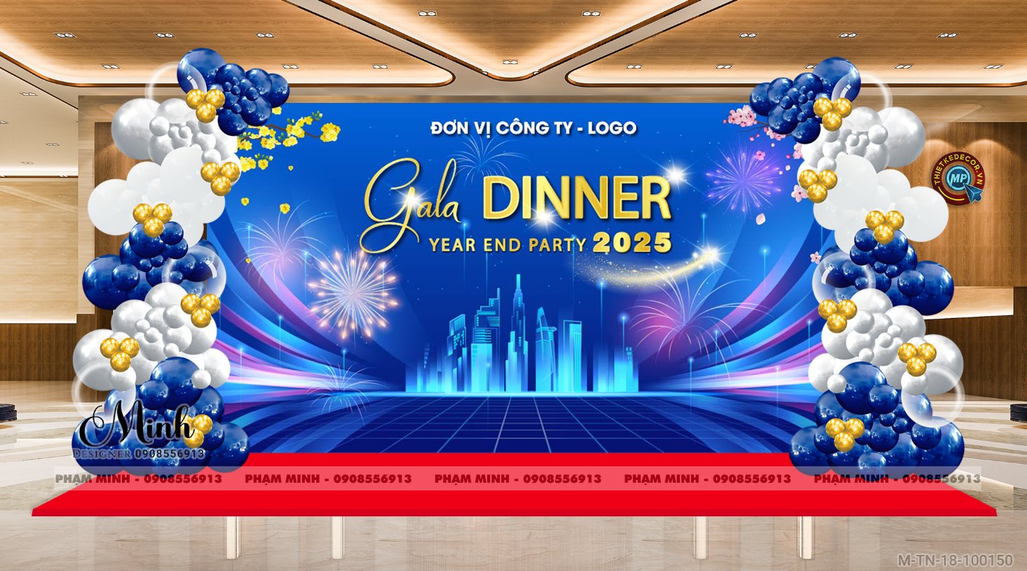 File thiết kế tiệc Tất niên 2025, Year End Party 2025 tone xanh dương trang trí bong bóng căng bạt sang trọng cho công ty.